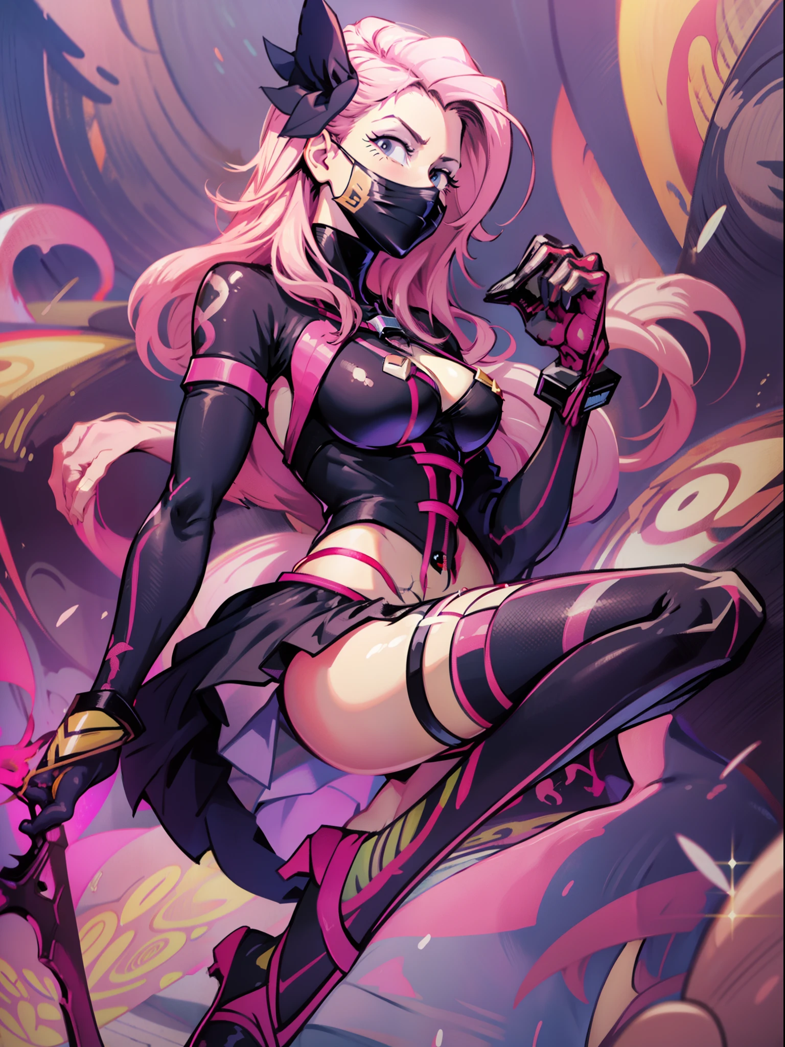 Fluttershy, Fluttershy of my little pony, big breastes, Volumetric breasts, elastic breasts, Luxurious hair, pink long hair, bloods, grimalkin, Lots of butterflies, Butterfly on the hair, combat pose, gloomily, Red sword in hand, Ryūko Matoi's costumes, Revealing costume, sling, Red shoulder straps, blackskirt, anime costume, Black and Red Revealing Outfit, shoes, You can see the chest, beste-Qualit, Very dative, 8K