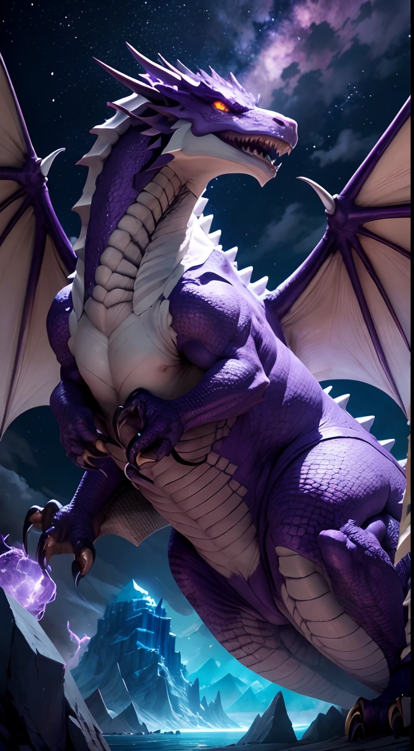 A purple and white dragon,cool posing,Fangs and claws,A continuous iceberg,Glittering starry sky,rich details