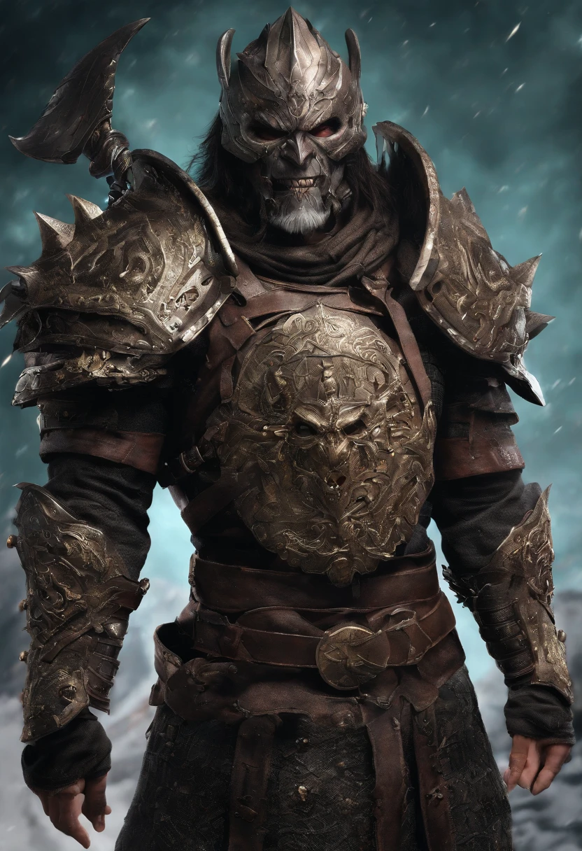 Konstantin's appearance is one with a black beard,A vicissitudes of black orc male with narrow scars on his eyes and forehead。His facial features are tough,Thick straight eyebrows,Both ears are sharp and short,Under the deep eye socket is a brown-red and combative one-eyed,And a sharp pair、Fangs protrude from the lower gums that protrude slightly from the lips。The skin all over the body has a dark dark green color,The texture is as rough as if even an awl is impenetrable,Its exposed parts are full of scars,He is 3 meters tall,The muscles of the upper body are like a hill,The arms and shoulders that are often used to wield giant axes are exceptionally strong。The strong and burly body is wrapped in plate armor as black as the night sky。At first glance,This plate armor is so ordinary,It's so inconspicuous in any armor store。But if you look closely,You will feel the depression and silence that has been in the battlefield for a long time。The helmet's horn-like ornaments shine in the sun,An inexplicable glow is reflected at the tip。There is not a single scratch on the armor,Its owner is very good at caring for it。The belt hangs two metal pendants resembling skulls,I don't know if it's to deter the enemy or to satisfy the bad taste of the armor owner