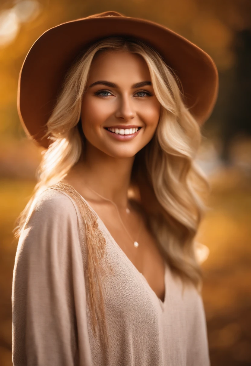 autumn weather , sun light is falling on her face , hand width reduce from original , breast size medium,perfect face, smile face, confident, highly detailed,blond hair