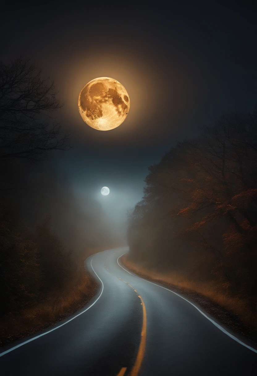 Create a mysterious environment with a mystical full moon at midnight on a foggy road. Landscape only.