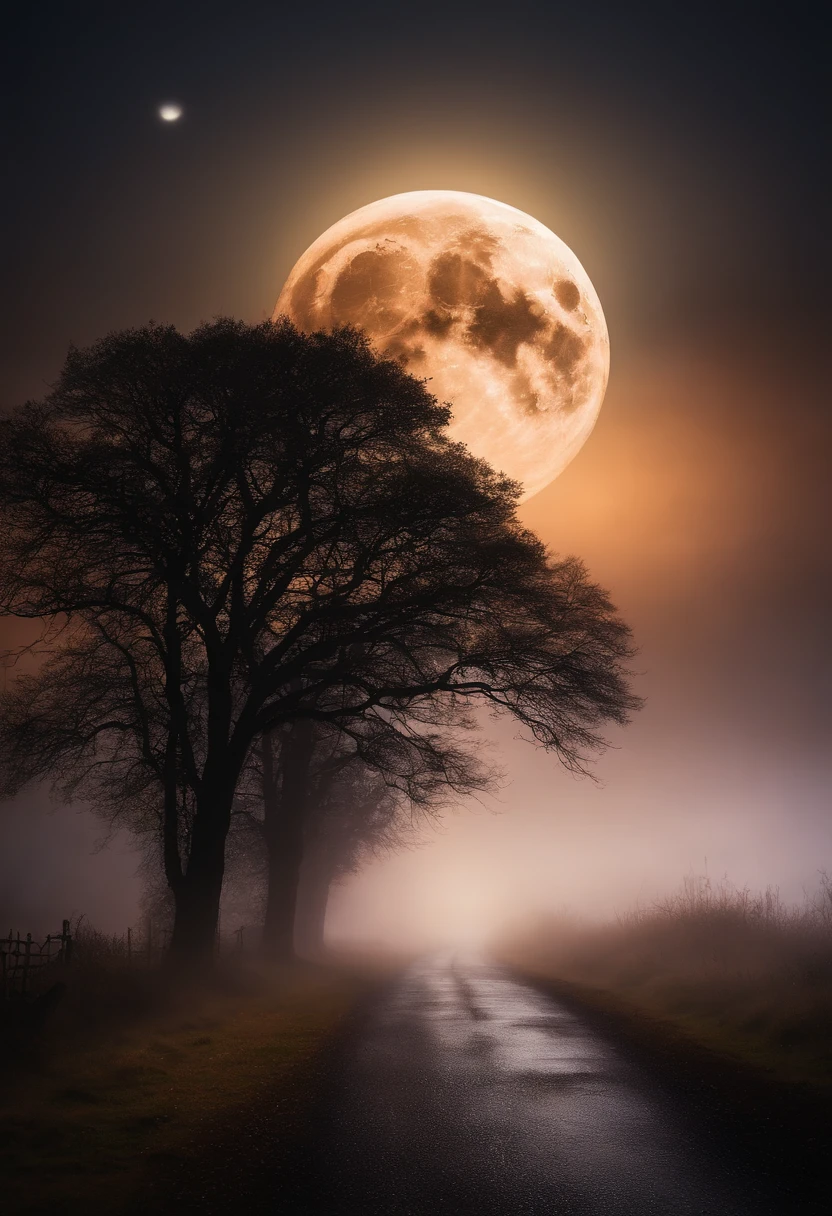 Create a mysterious environment with a mystical full moon at midnight on a foggy road. Landscape only.