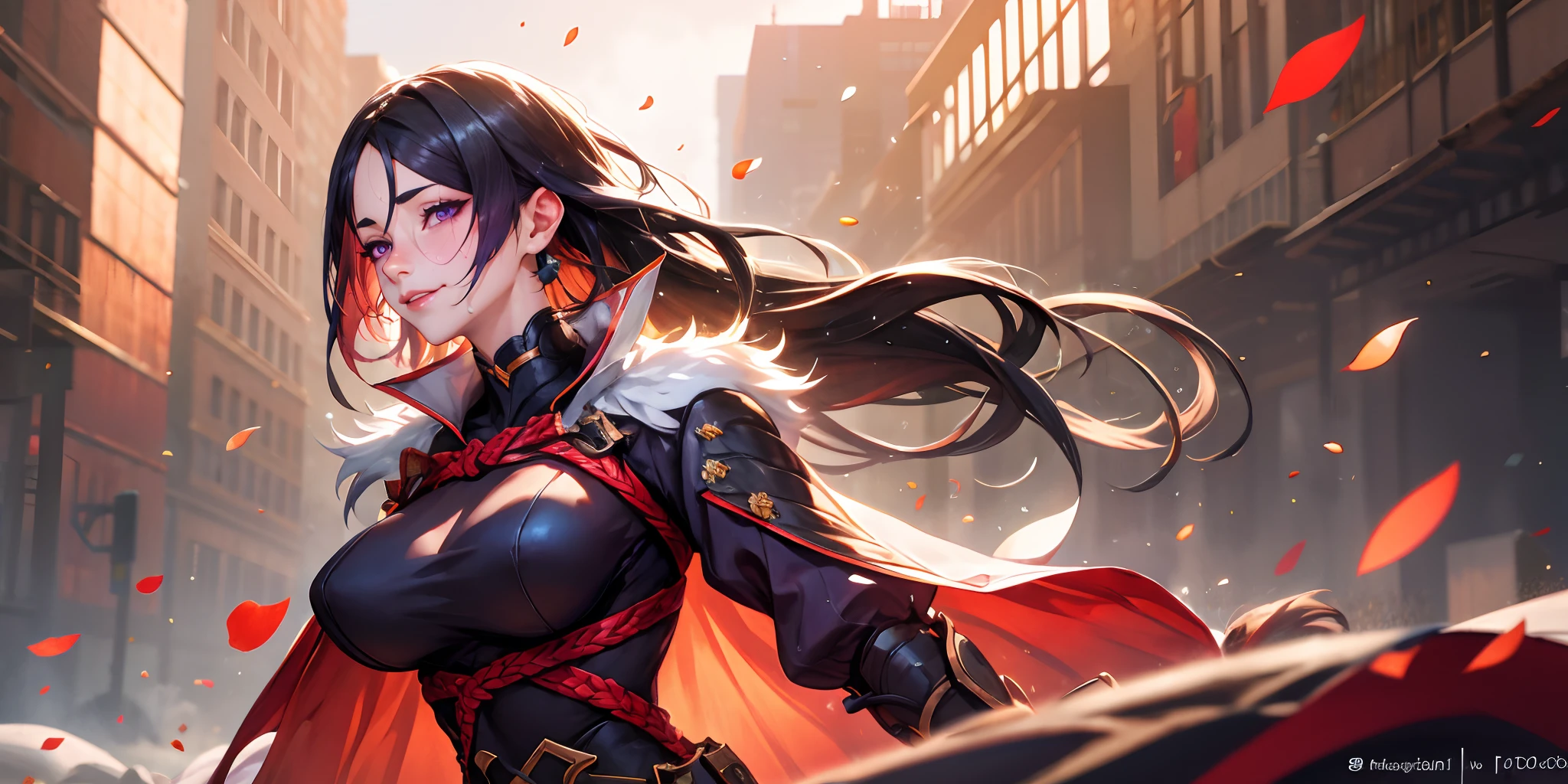(dark-puprle hair, long hair:1.6), purple eyes, epic art, fantasy art, realistic, 1girl, breasts, belt, solo, wind, cape, floating_hair, large_breasts, holding, jewelry, looking_at_viewer, long_sleeves, petals, parted_lips, earrings, buckle, glow effects, godrays, Hand drawn, render, 8k, octane render, cinema 4d, blender, dark, atmospheric 4k ultra detailed, cinematic, Sharp focus, big depth of field, Masterpiece, colors, 3d octane render, 4k, concept art, trending on artstation, hyperrealistic, Vivid colors, extremely detailed CG unity 8k wallpaper, trending on CGSociety, Intricate, High Detail, dramatic, cyberpunk art