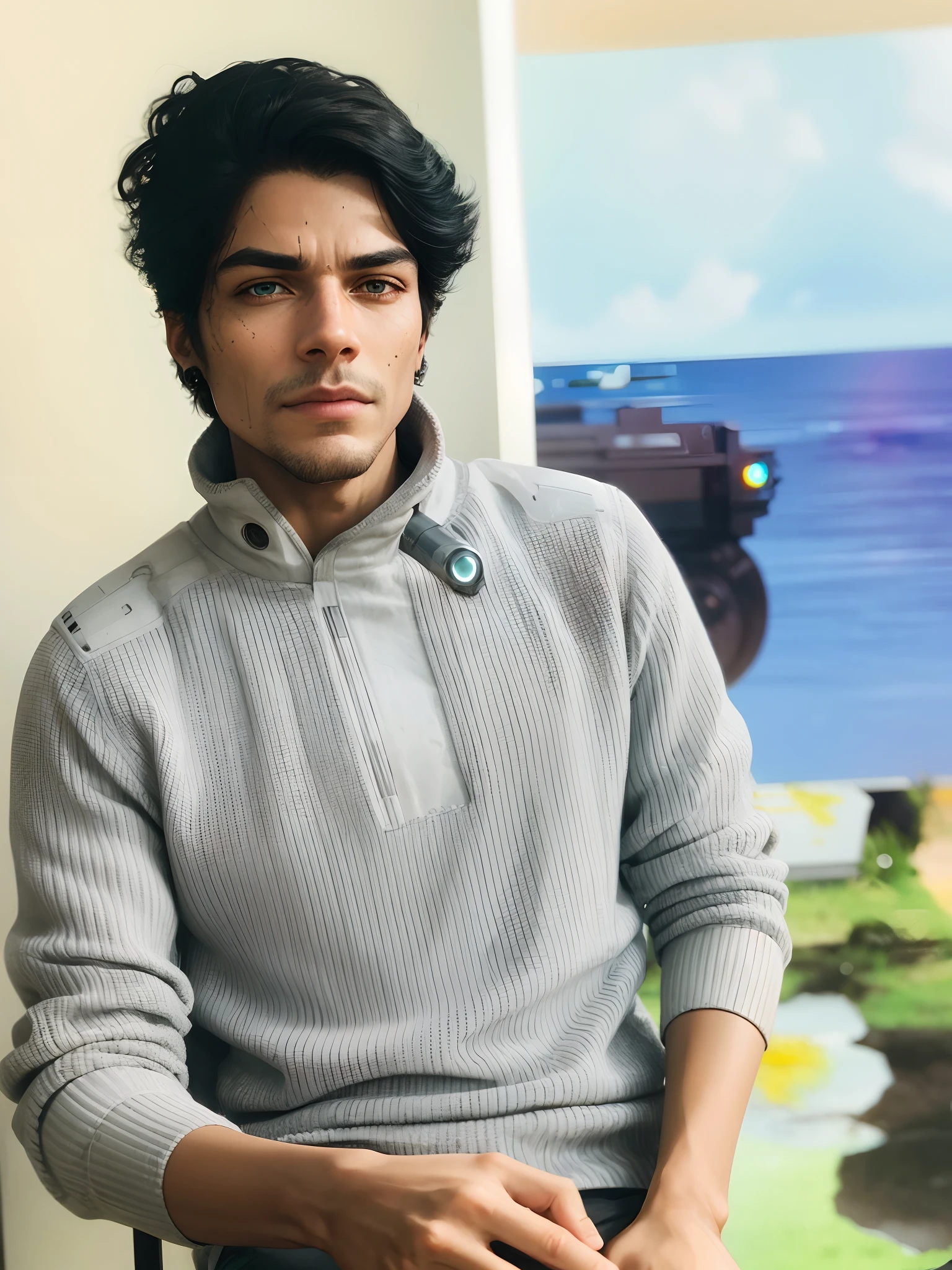 Half cyborg robot, sci-fi, realistic face, background change, 8k