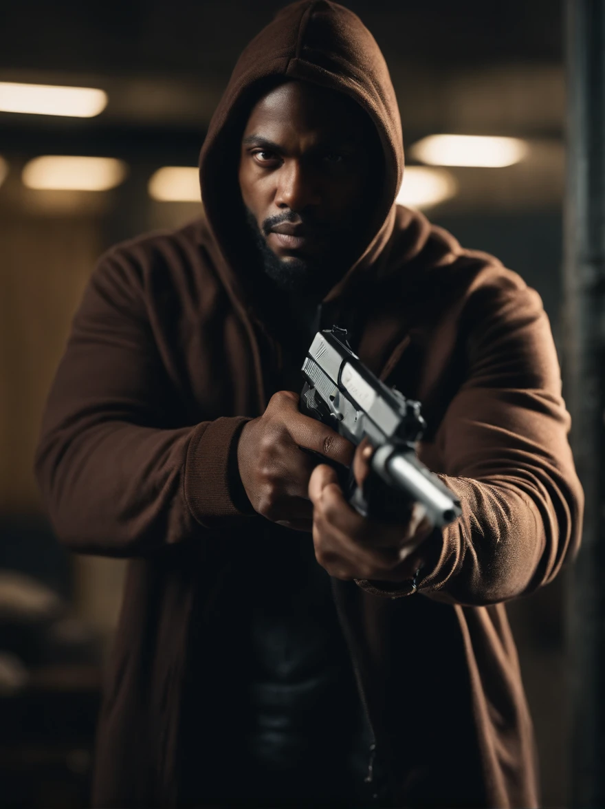 An black American thief holding a pistol, gun, bright daylight medium shot, pistol, aiming forward, evil thief, bad guy, bright daylight, thief hoodie, looking towards the camera, horrific, look into the camera, detailed, shot, dramatic, daylight, indoor studio light, medium shot, highly detailed, thief clothing, evil, crook, thief, gun, vibrant, detailed texture, detailed face expression, medium shot, full body, ultrawide, long full shot, full body, realistic, bright, ultrarealistic, realistic focus faces, bright scene, city, 8k
