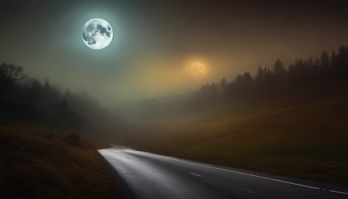 Create a mysterious environment with a mystical full moon at midnight on a foggy road. Landscape only.