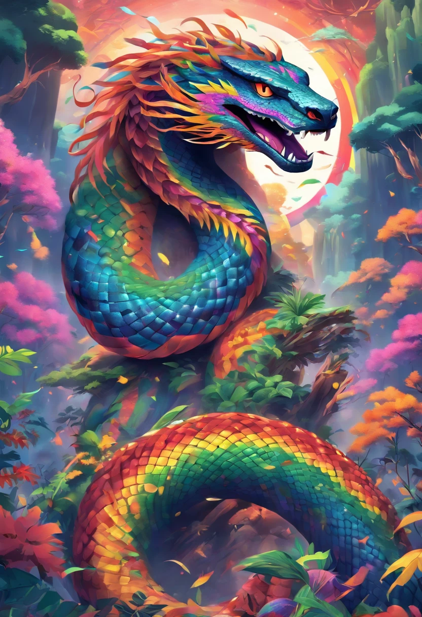 (((Rainbow Serpent))) best quality, ultra-high resolution, 4K detailed CG, master piece, Giant Serpent, Aboriginal god, rivers, mountains, valleys, streams, Australian Aboriginal mythology, ((giant snake)), Aboriginal image , aesthetic, centered on screen