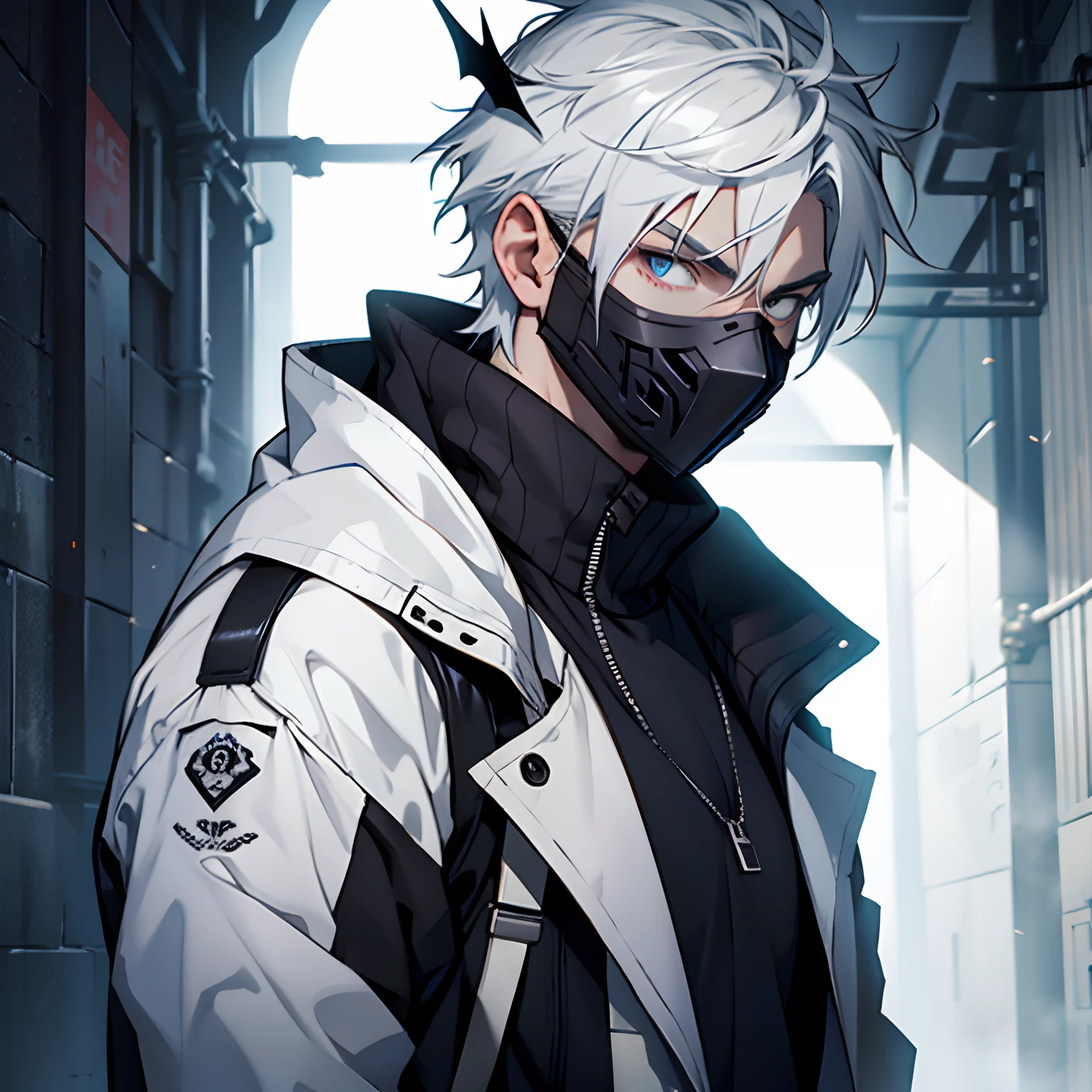 boy with white hair, wearing a black jacket and holding a scary mask