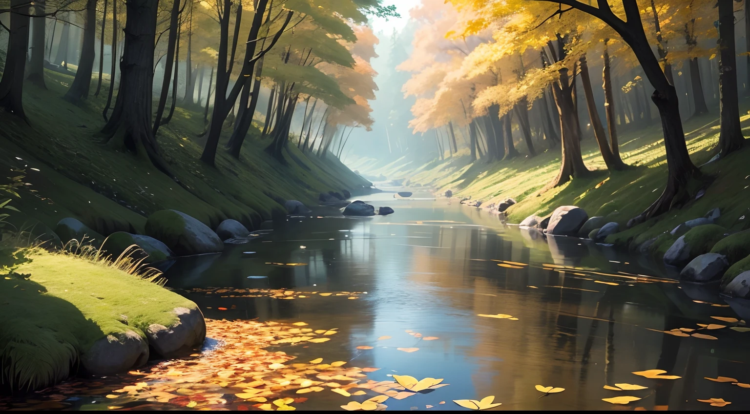 A STREAM WITH LEAVES FLOATING ON THE SURFACE OF THE WATER