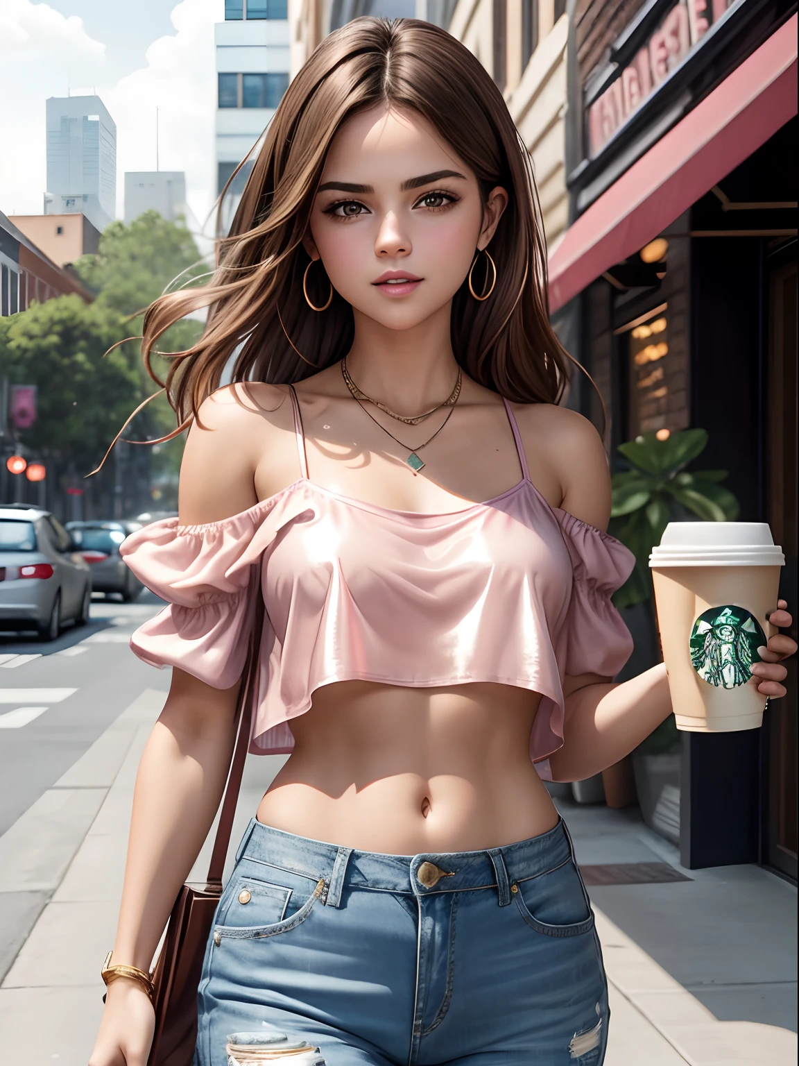 (huge Laughing:0.5), (open mouth:0.3), (wide open eyes:1.2) masterpiece,high quality,4k , ((Selena Gomez:Emma Watson:0.8)), light brown hair,bare shoulder,belly, Tattoos on the belly and Arms,metallic pink crop top with open transparent shirt, outdoor, red eyes,jeans,casual dress, holding a starbucks coffee cup in one hand ,a book in another hand, ((extremely detailed face))