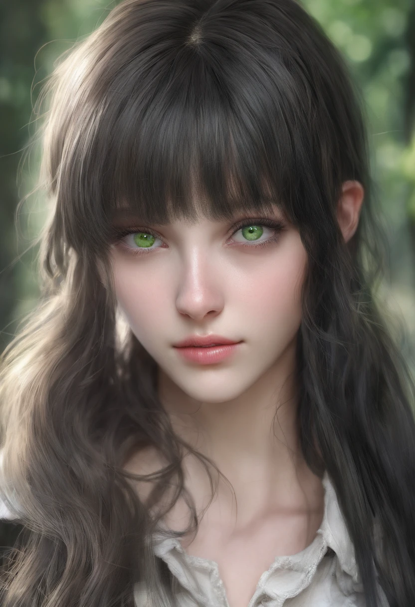 Long black hair,Green eyes,dark circles,ennui,Thin and tall department