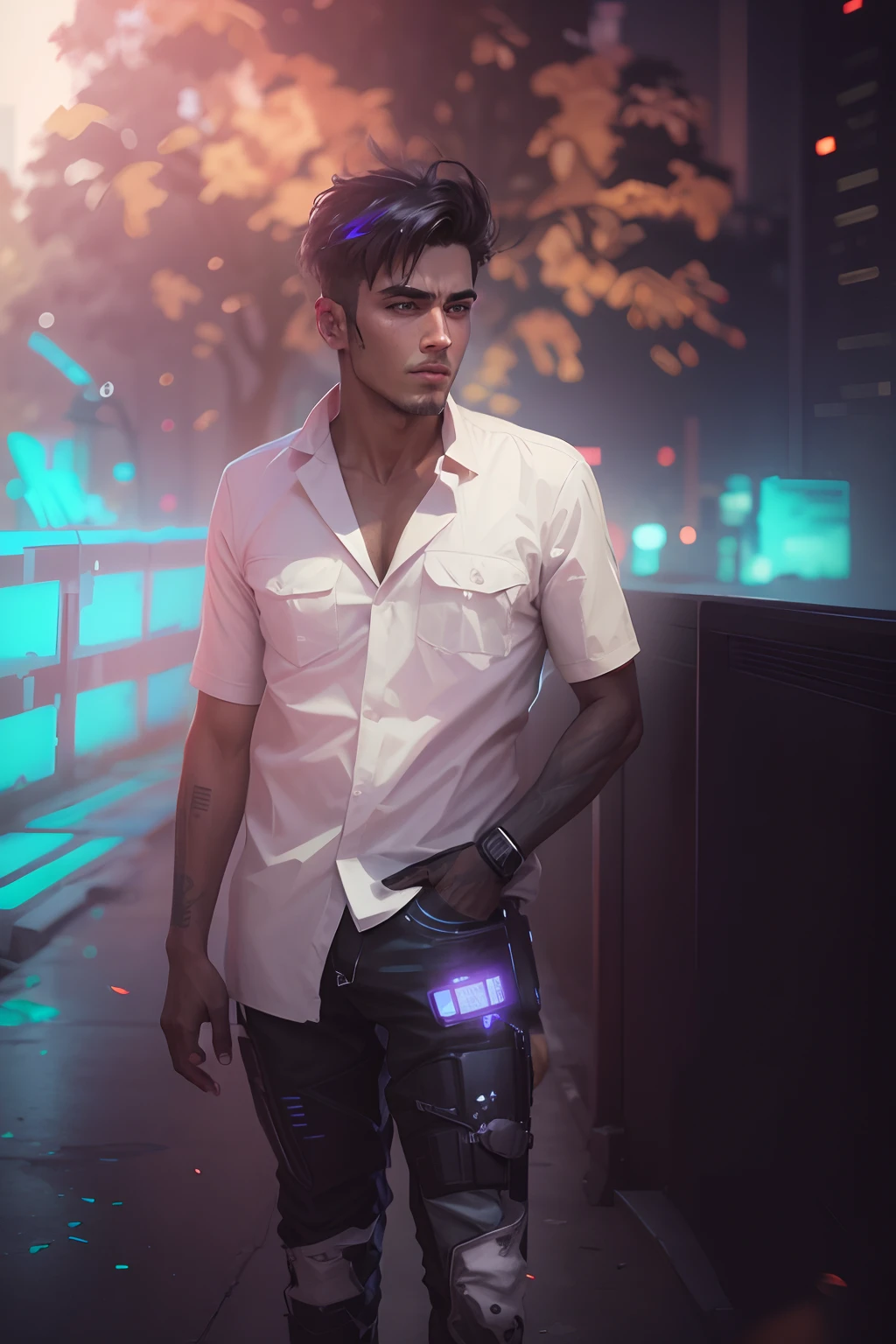 change background cyberpunk handsome boy, realistic face, 8k, ultra realistic
