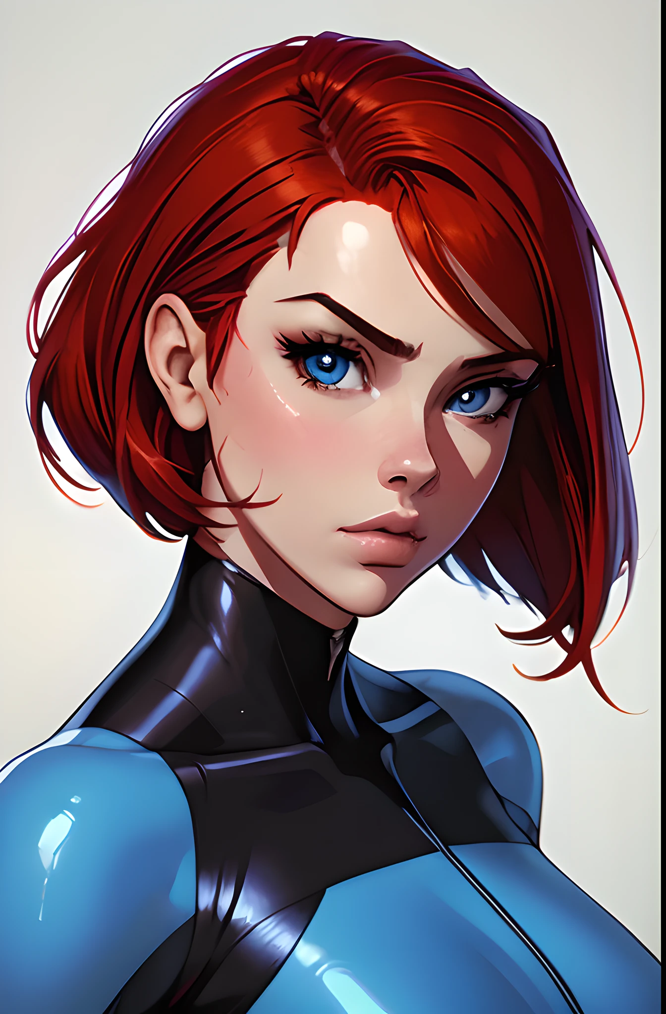 masterpiece, best quality, 1girl, skin tight plugsuit, perfect eyes, perfect face, kuvshinov, cowboy shot, portait, red hair, blue eyes