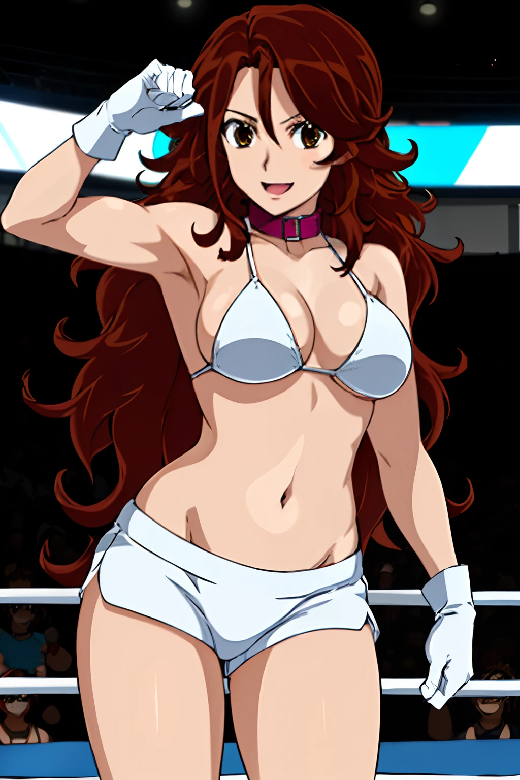 cowboy shot, body view, anime style: 1.8, anime drawing, ultra detailed face, ultra detailed body, 4k, Sumergai Lee Noriega, (standing), best quality, anime style, hires, highest definition, digital blending, bold drawing lines, ((slim waist, female wrestler), (location: wrestling arena, crowds watching), ( slim body, , little biceps, thighs, off-shoulders, (curvy: 2.8), lighting, shiny skin), ((white bikini, shorts, groin, , white gloves, collar)), victorious, winner, , (big breasts, smile), (big eyes, brown eyes), (clapping), (brown hair, loose hair, curly hair, wavy hair, long hair, missy hair), 27 years old, (give up pose)