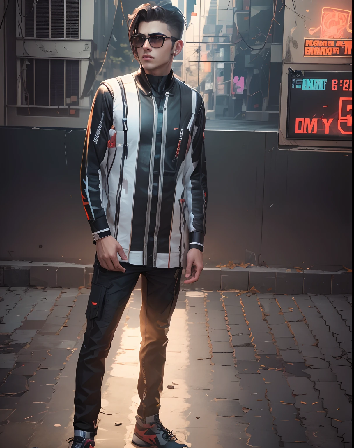 Change background cyberpunk handsome boy, realistic face, 8k, ultra realistic.