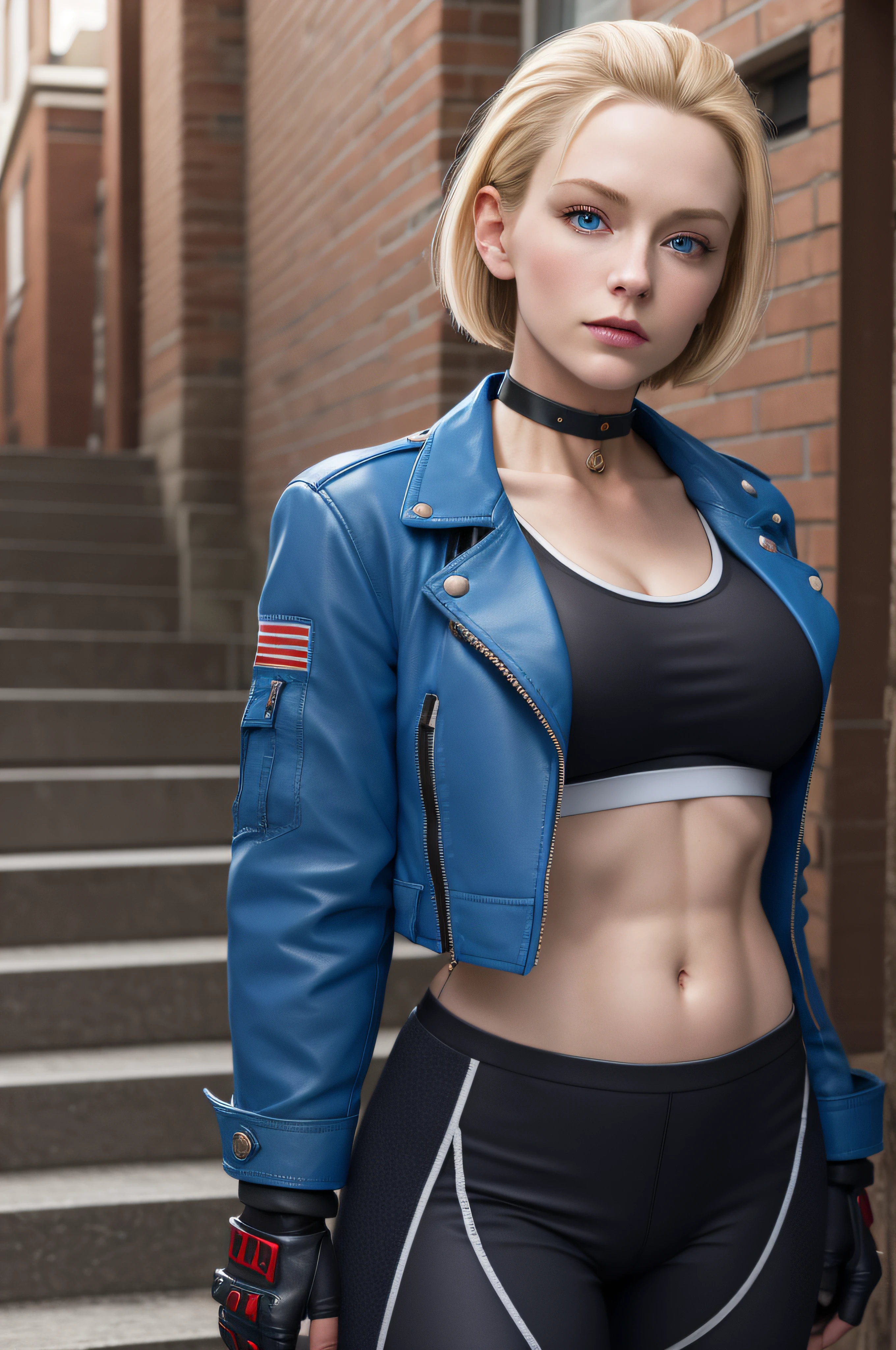 masterpiece, best quality, highres, 1girl, cammy white, short hair, antenna hair, blue eyes, scar on cheek, large breasts, black choker, collarbone, blue jacket, cropped jacket, open jacket, sports bra, midriff, fingerless gloves, black gloves, black pants, standing, cowboy shot, stair, outdoors,