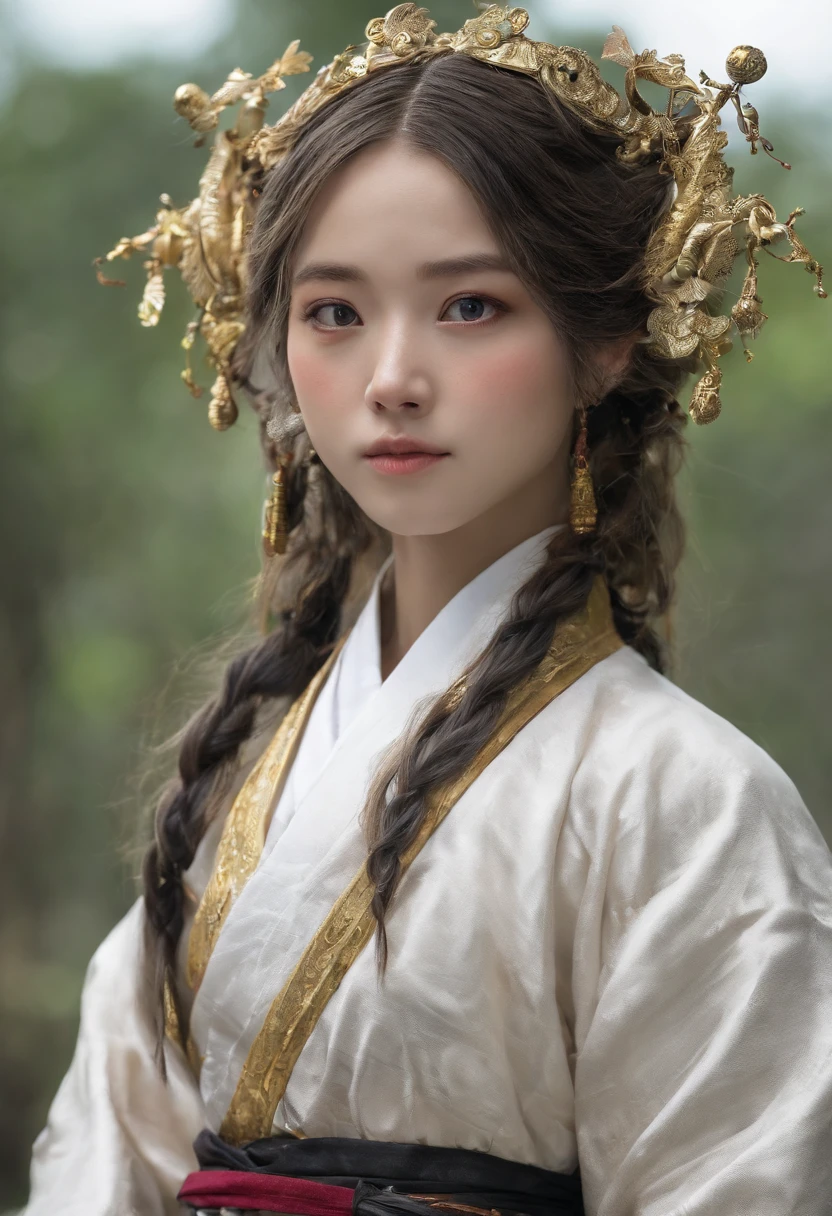 A soft golden hair that crosses the waist and is draped loosely behind the back，One of the strands was braided and pinned to the ear，Under the slender leaf eyebrows are a pair of pure emerald eyes，The delicate and neutral cheeks always have a faint smile。The body has a few muscles during regular exercise，But it is still relatively thin under the cover of clothes
Rare，The fluffy beard grows on both sides of the lips，Wears a pair of blue-rimmed glasses with large round-rimmed lenses。
Height 186
Wears a light green fine linen blouse，Tight cuffs，Loose collar，The collar is decorated with golden osmanthus branches，The vine arabesque of Dendrobium wraps around the entire blouse，The narrow brown belt is tightly tied around the waist，On the left hand side hangs a white rain prayer doll，On the right-hand side are the staff and holster，The bottom is a pair of dark brown trousers，Several strips of black silk cloth are tied around the calves，Painted with bright green thorn patterns。Dark green boots。
Draped in a white cotton robe，Only the collar of the robe is closed，There is a wide one，A hood that can cover the owner in the shadows，The back has a large golden upward wing pattern。