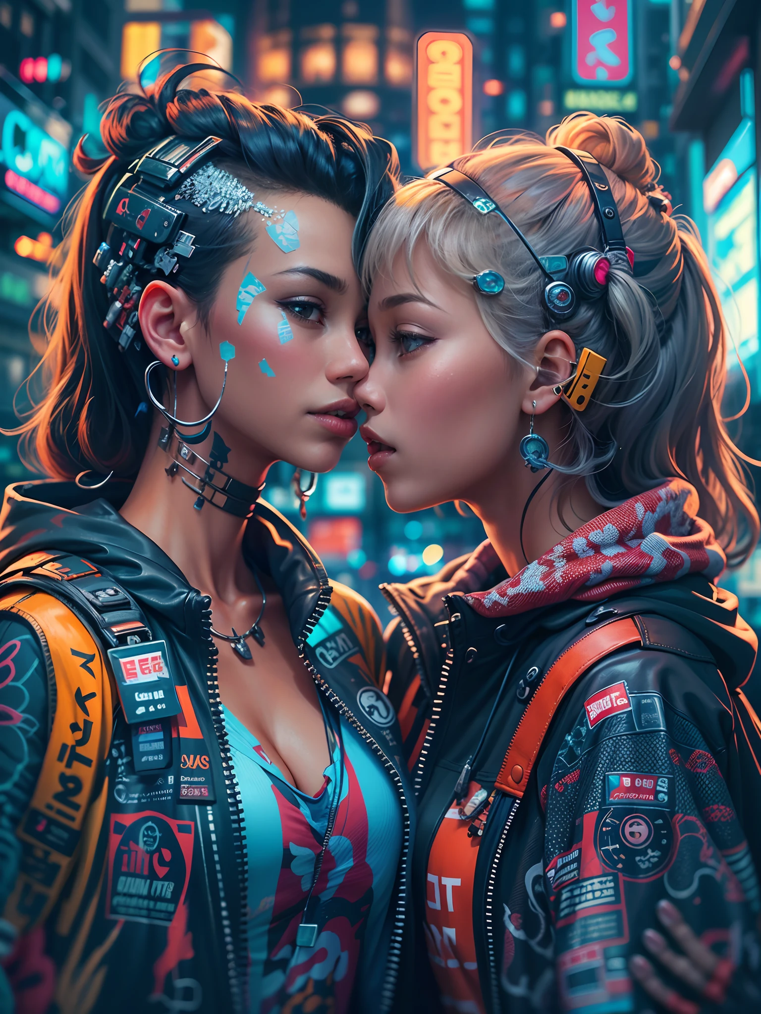masterpiece, best quality, 2 ((kissing)) cyberpunk girls standing together taking selfie portrait, Harajuku-inspired cyberpunk clothing, bold colors and patterns, eye-catching accessories, trendy and innovative hairstyle, dazzling Cyberpunk cityscape, skyscrapers, glowing neon signs, LED lights, anime illustration, detailed skin texture, detailed cloth texture, beautiful detailed face, intricate details, ultra detailed, cinematic lighting, strong contrast.