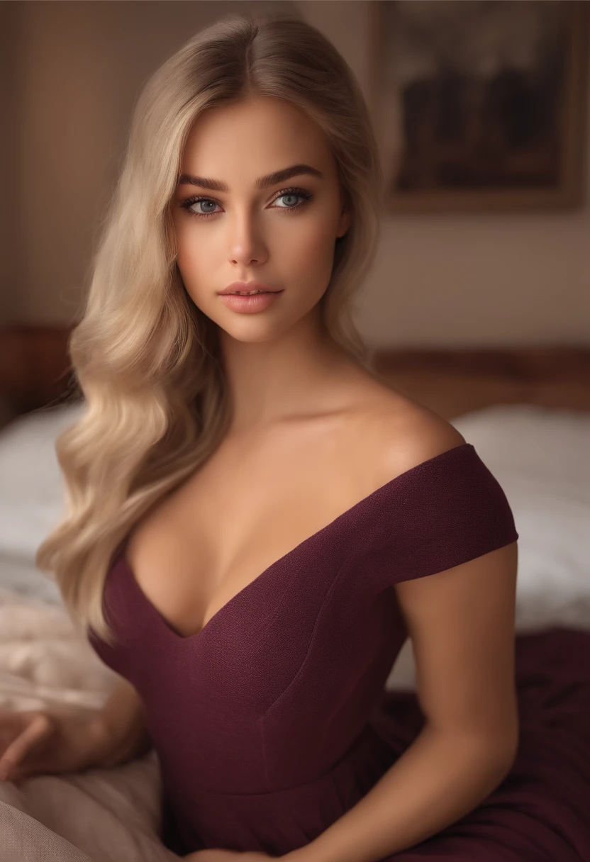 arafed woman fully , sexy girl with brown eyes, ultra realistic, meticulously detailed, portrait sophie mudd, blonde hair and large eyes, selfie of a young woman, bedroom eyes, violet myers, without makeup, natural makeup, looking directly at the camera, face with artgram, subtle makeup, stunning full body shot kneeling on bed, in bedroom, large size bust