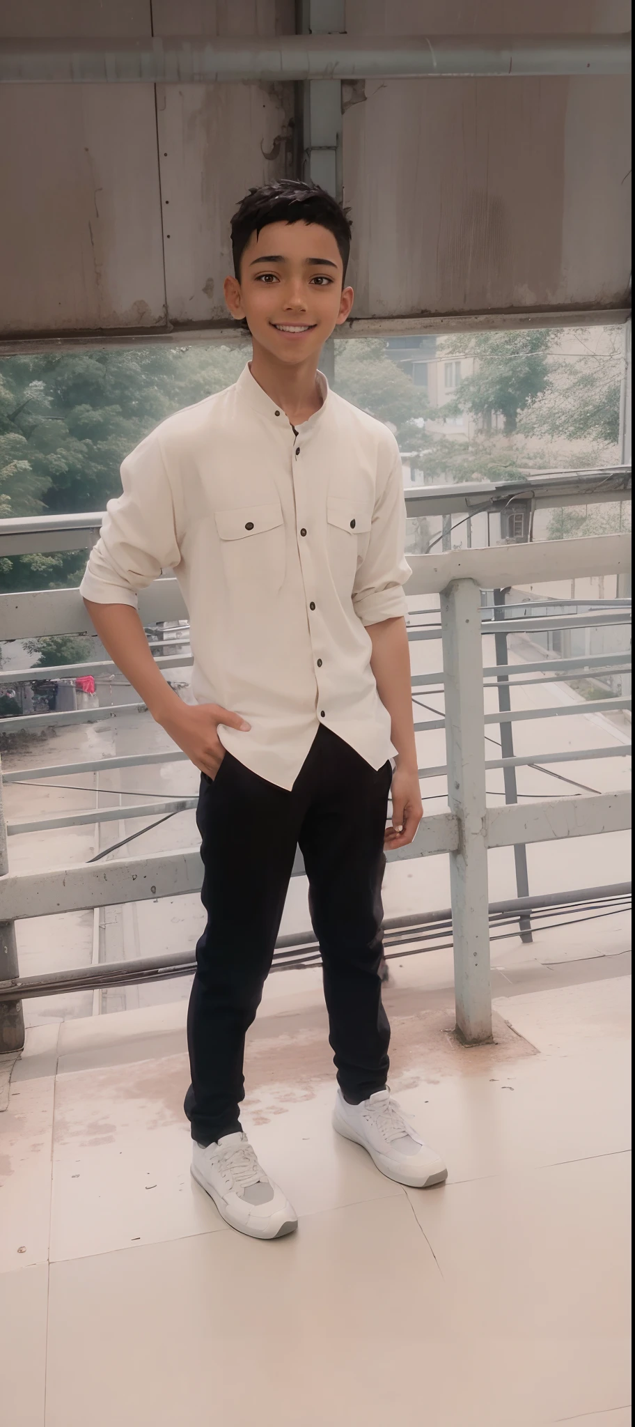 A boy, transformed into an anime style, with exaggerated unique facial features and clothing, standing on a bustling city street, backlit background highlighting the subject, high-contrast colors, 4K high-definition quality,young, smiling, handsome