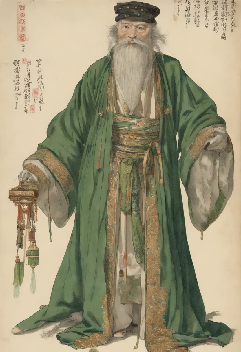 A soft golden hair that crosses the waist and is draped loosely behind the back,One of the strands was braided and pinned to the ear,Under the slender leaf eyebrows are a pair of pure emerald eyes,The delicate and neutral cheeks always have a faint smile。The body has a few muscles during regular exercise,But it is still relatively thin under the cover of clothes
Rare,The fluffy beard grows on both sides of the lips,Wears a pair of blue-rimmed glasses with large round-rimmed lenses。
Height 186
Wears a light green fine linen blouse,Tight cuffs,Loose collar,The collar is decorated with golden osmanthus branches,The vine arabesque of Dendrobium wraps around the entire blouse,The narrow brown belt is tightly tied around the waist,On the left hand side hangs a white rain prayer doll,On the right-hand side are the staff and holster,The bottom is a pair of dark brown trousers,Several strips of black silk cloth are tied around the calves,Painted with bright green thorn patterns。Dark green boots。
Draped in a white cotton robe,Only the collar of the robe is closed,There is a wide one,A hood that can cover the owner in the shadows,The back has a large golden upward wing pattern。