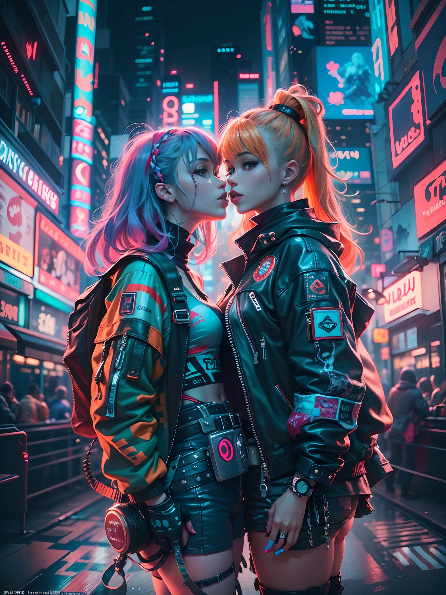 masterpiece, best quality, 2 ((kissing)) cyberpunk girls standing together taking selfie portrait, Harajuku-inspired cyberpunk clothing, bold colors and patterns, eye-catching accessories, trendy and innovative hairstyle, dazzling Cyberpunk cityscape, skyscrapers, glowing neon signs, LED lights, anime illustration, detailed skin texture, detailed cloth texture, beautiful detailed face, intricate details, ultra detailed, cinematic lighting, strong contrast.