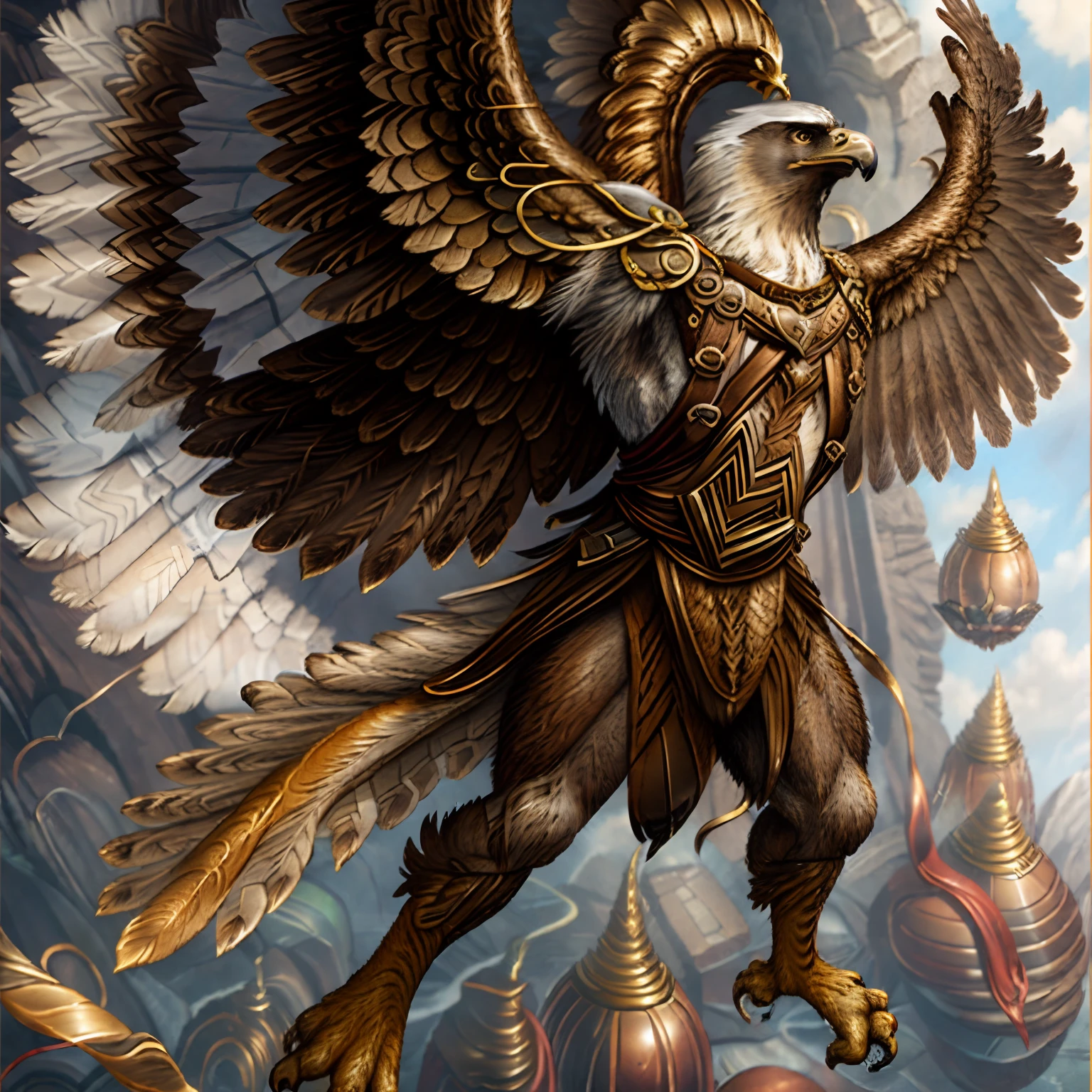 Brown feathers, gold feathers, angel wings, feathered wings, eagle, feathered body, muscular body, avian, Bad guy, looking at the viewer, standing, presenting , nsfw, anthropomorphic furry, eagle, holding penis, erection, balls, testicles, brown tail, avian tail, feathered tail