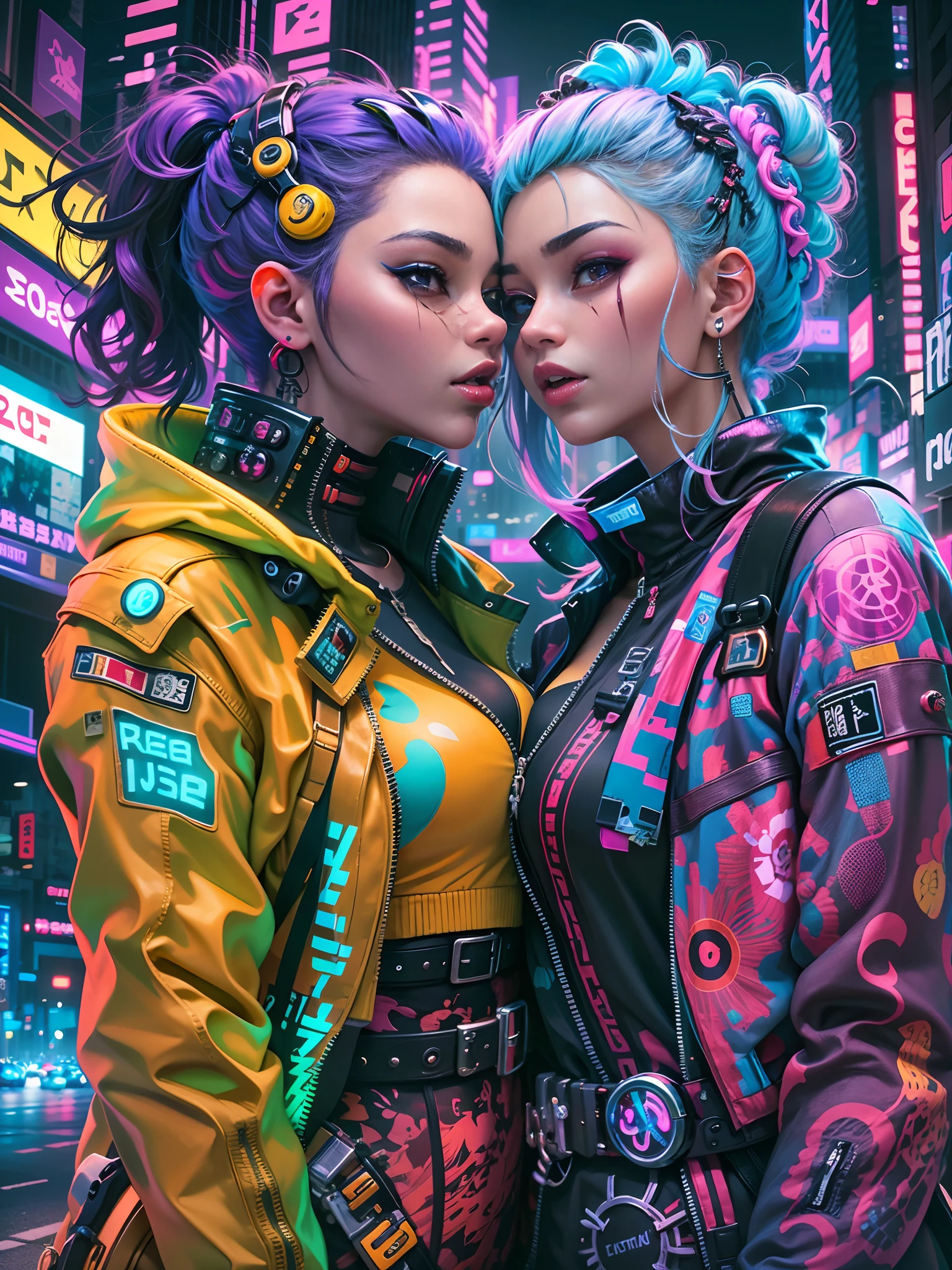 masterpiece, best quality, 2 ((kissing)) cyberpunk girls standing together taking selfie portrait, Harajuku-inspired cyberpunk clothing, bold colors and patterns, eye-catching accessories, trendy and innovative hairstyle, dazzling Cyberpunk cityscape, skyscrapers, glowing neon signs, LED lights, anime illustration, detailed skin texture, detailed cloth texture, beautiful detailed face, intricate details, ultra detailed, cinematic lighting, strong contrast.