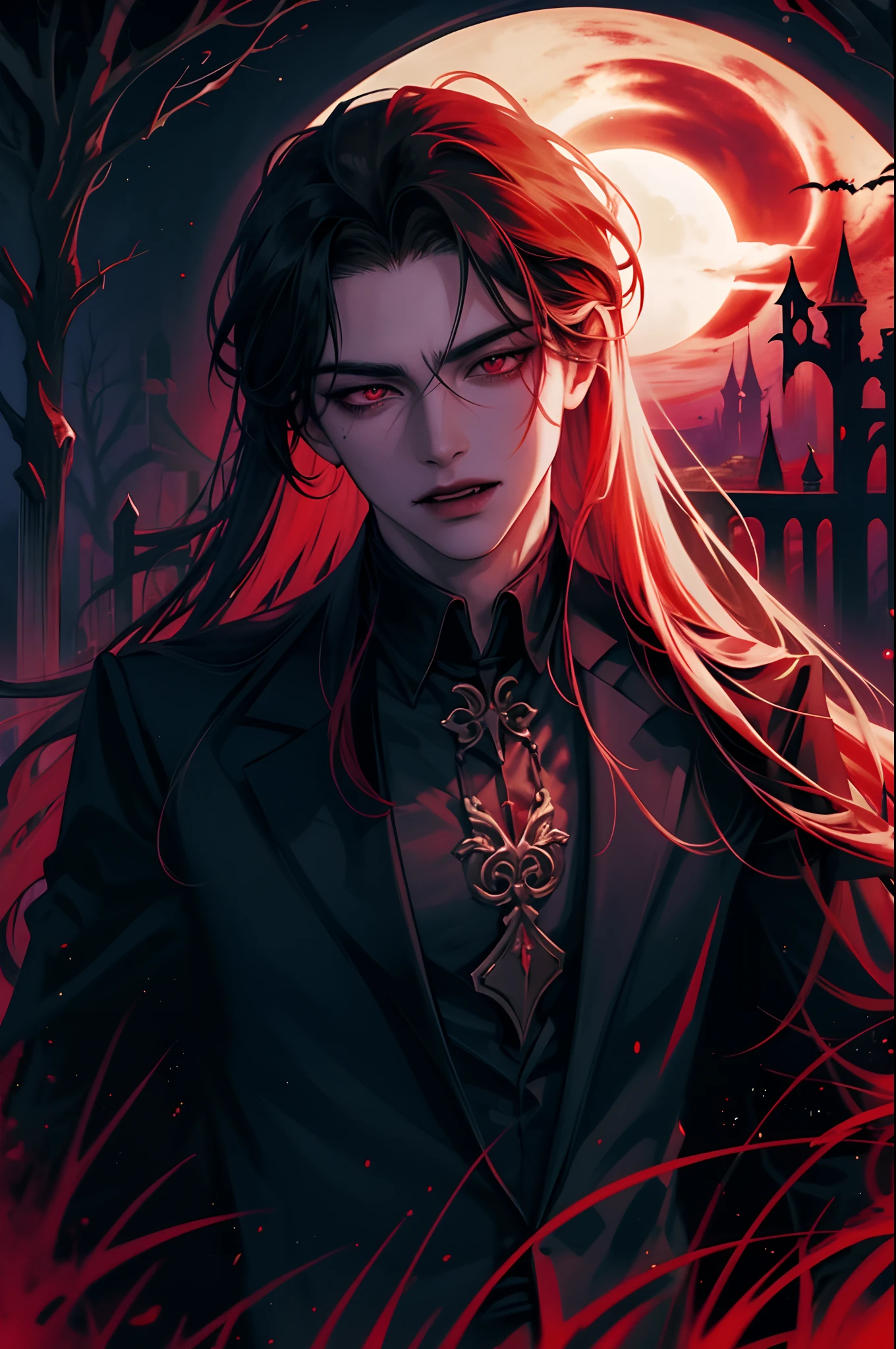 handsome, male, man, long hair, pale, strikingly handsome vampire immersed in a Halloween-inspired aesthetic, deep red moonlit night scenery, vampire, vampire fangs, red eyes, bloody mouth