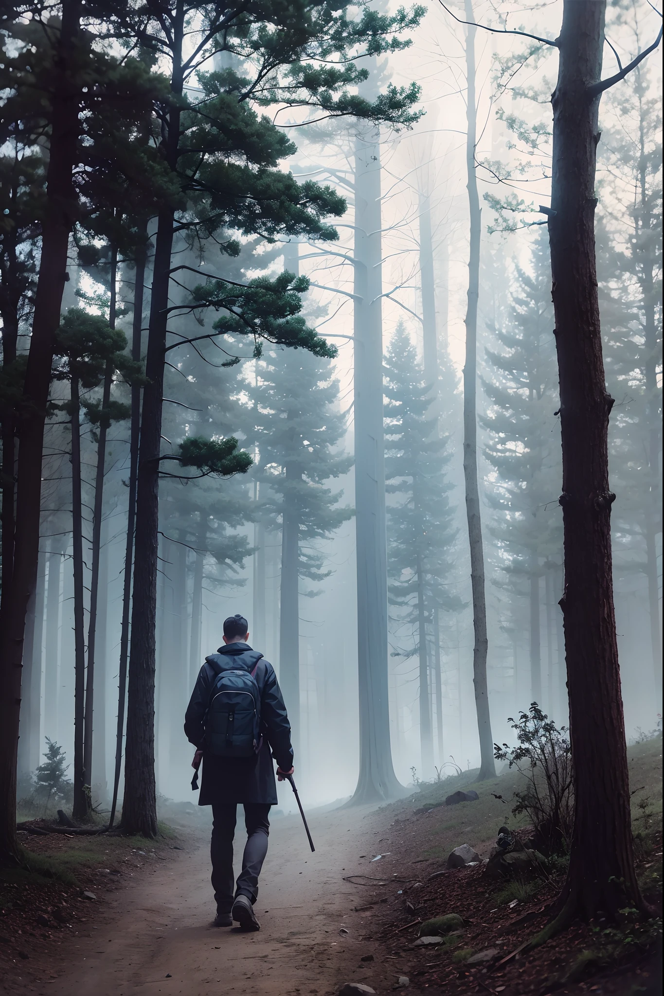 there is a solo man walking in the woods with a backpack, old house, stefan koidl inspired, bussiere rutkowski andreas rocha, by maxim verehin, inspired by maxim verehin, inspired by Tomasz Jedruszek, dark cinematic concept art, eerie nostalgic concept art, inspired by Igor Kieryluk, inspired by Ismail Inceoglu