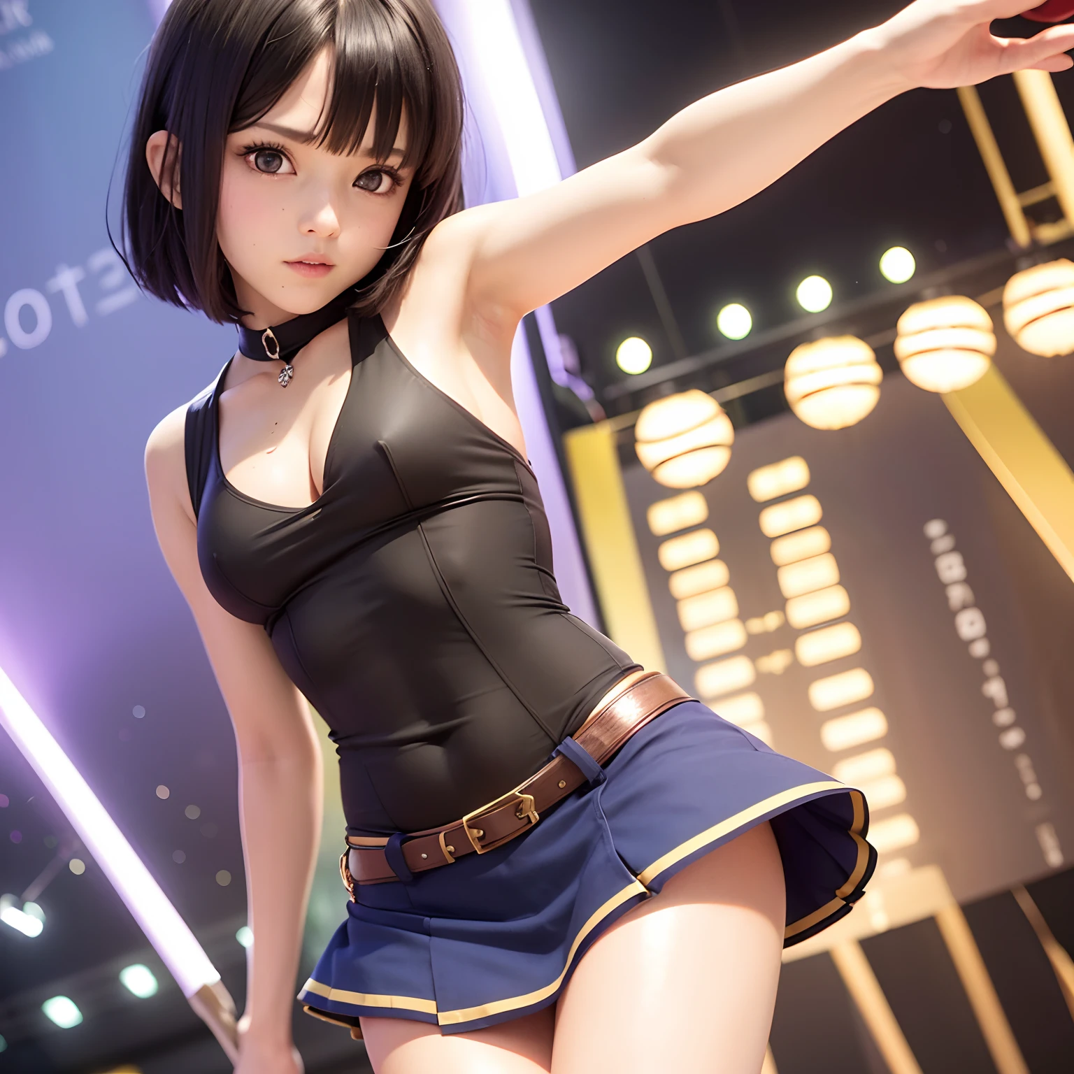 NSFW, (Best Quality,hight resolution,masutepiece:1.2), (realisitic:1.3), Detailed beautiful face and eyes, 1 girl, Woman photographed, -yeld wo, miyu_Edelfeld(Fate), Small sized breasts, Bob cut black hair, (Happy:1.1), (Stretching:1,2), Magic_girl, Magical_girl_The costume, cleavage,cleavage cutout, Sleeveless, Tight mini skirt, Appeal to the crowd, Cowboy Shot, (in park:1.2), Fate/Kaleido Liner Prismailiya