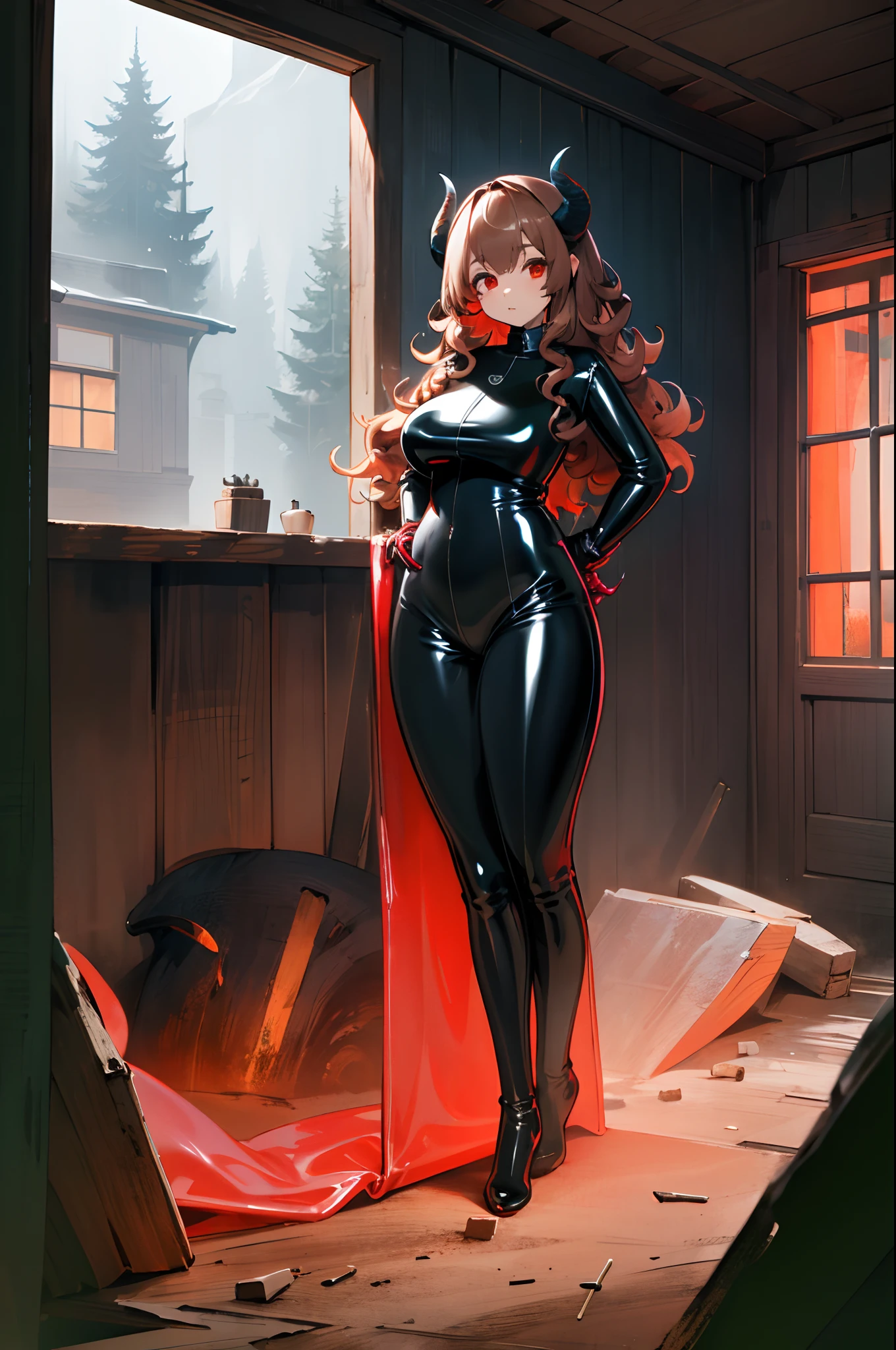 ((Full body):1.5),(Girl with sheep's horns):1.5) ,((long curly brown hair):1.2), (wearing latex clothes:1.4), ((red eyes):1.3), looking at the viewer, in an (old/rustic house),4k,large hips