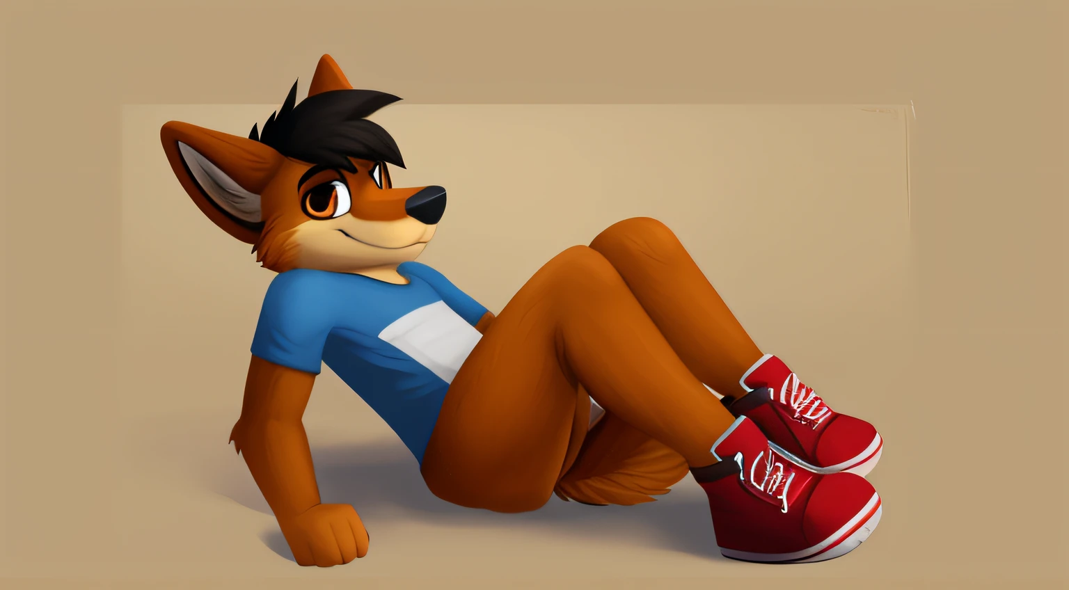 (black short hair: 3), brown eyes, detailed face, skinny, male, (red furred wolf: 4), fluffy tail, smiling, detailed body, (light background), high resolution, high quality, alone, solo, distant camera, (soft shadows), (soft light), (full body), digital art, flat color, (wearing nothing: 3), anthro, (sunshine: 2), good lightning, (crounched), high lightining, spot light, (ass out), (jeans pants down), (blue shirt), (red shoes), (antidev)