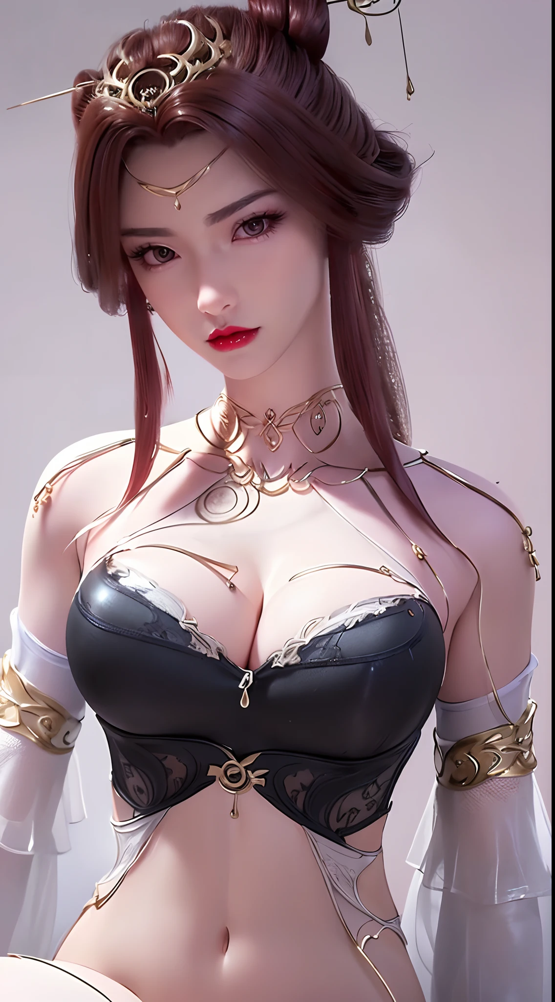 1 beautiful and sexy 20 year old girl, ((wear lingerie that exposes the chest and breasts:2)), ((super sexy black lingerie:2)), waist-length brown hair, jewelry elaborately made from precious stones and beautiful hair, ((wearing a 24k gold lace necklace:1.4)), the noble, noble style of an extremely beautiful girl, her small face is super cute, her face is very pretty, thin eyebrows, flawless beautiful face, ((black eye pupils: 0.8)), very beautiful eyes, ((brown eyes: 1.6)), (((big round eyes:1.6))), nice makeup and hair detailed eyelashes, steamy eye makeup, high nose, earrings, red lips, ((closed mouth: 1.5)) beautiful lips, slim hands, most beautiful thighs, ((arms spread out to the sides: 1.5)), rosy face, clean face, flawless beautiful face, smooth white skin, (big breasts: 1.5)), tight breasts, beautiful cleavage, (((big breasts and super round: 1.8))), beautiful breasts, perfect body, back arms, chest out, ((sitting position, leaning back with hands behind and chest raised high: 1.8)), ((Open your legs:1.5)), not ashamed, 8k photo, super high quality, super realistic, super 10x pixels, optical, bright studio, bright edges, dual-tone lighting, (high-detail skin:1.2), super 8k, soft lighting, high quality, volumetric lighting, photorealistic, photorealistic high resolution, lighting, best photo, 4k, 8k quality, smooth sharp, 10x pixel, ((Romantic bedroom and white bed background:1.5)), aurora, lightning, super graphics realistic, most realistic graphics, 1 girl, alone, solo, Extremely sharp image, surreal, (((frontal portrait: 1.5)))."