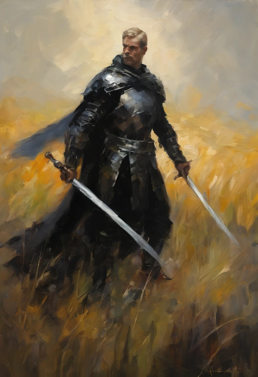 warrior, black armor, striped cape in black tones short blonde hair, has a long sword in each hand, this one in an open field ready for the fight