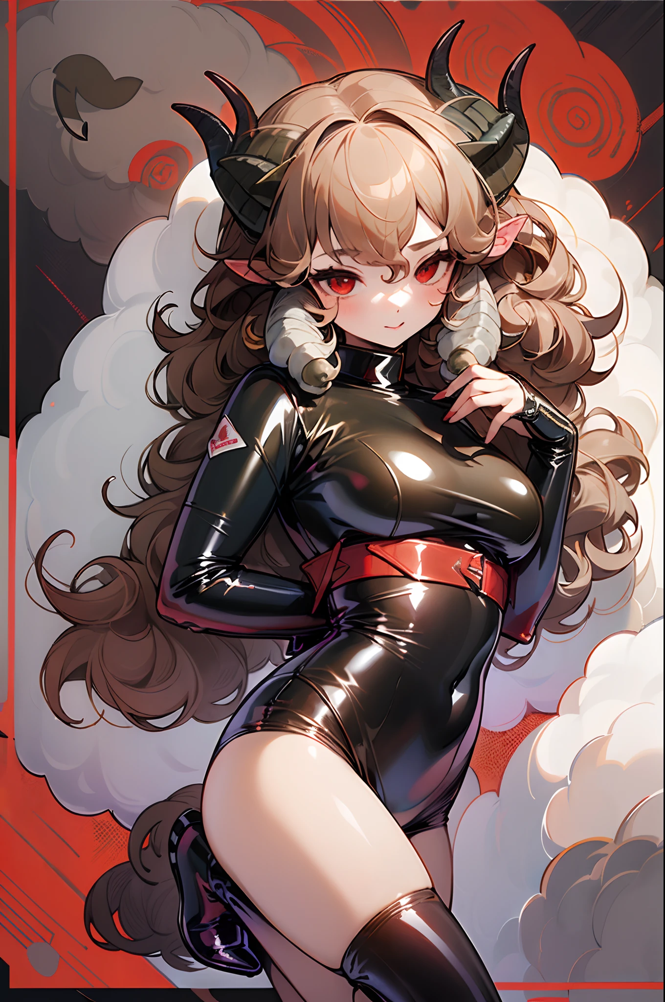 ((Full body):1.5),((Girl with sheep's horns):1.5) ,((long curly brown hair):1.2), (wearing latex clothing:1.4), ((red eyes):1.3), looking at the viewer, bed,