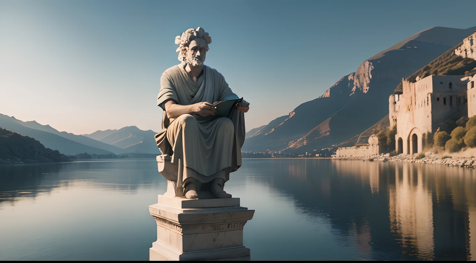 Greek philosopher Seneca observing a calm lake
