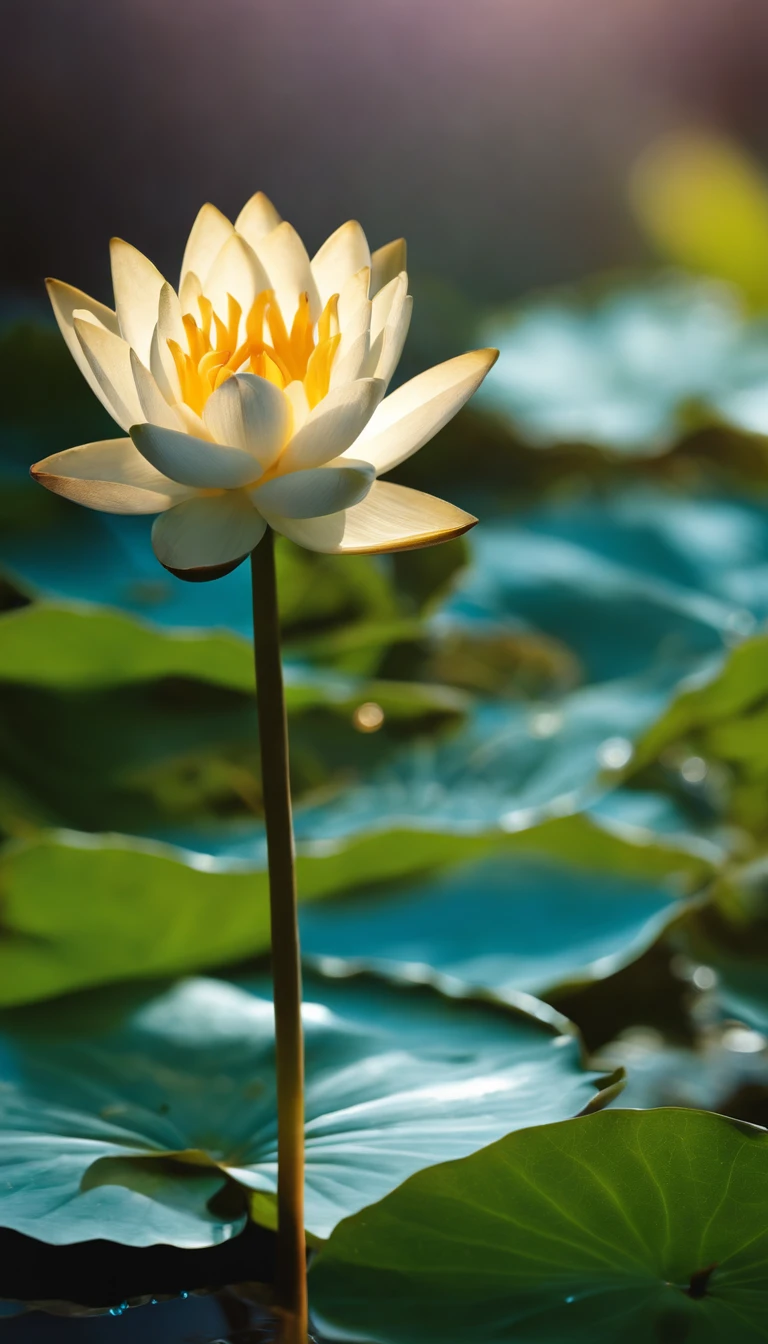 Water liliy.,microcosm , Masterpiece , macro photography , cobweb, filmgrain, Bokeh , Smoke , Highly detailed, Sunny Sunny weather, Microflower, The drops, bblurry, 1 realistic close-up of the lotus room:1.5, Azure background, subdued contrasts, rendering by octane , illusory engine