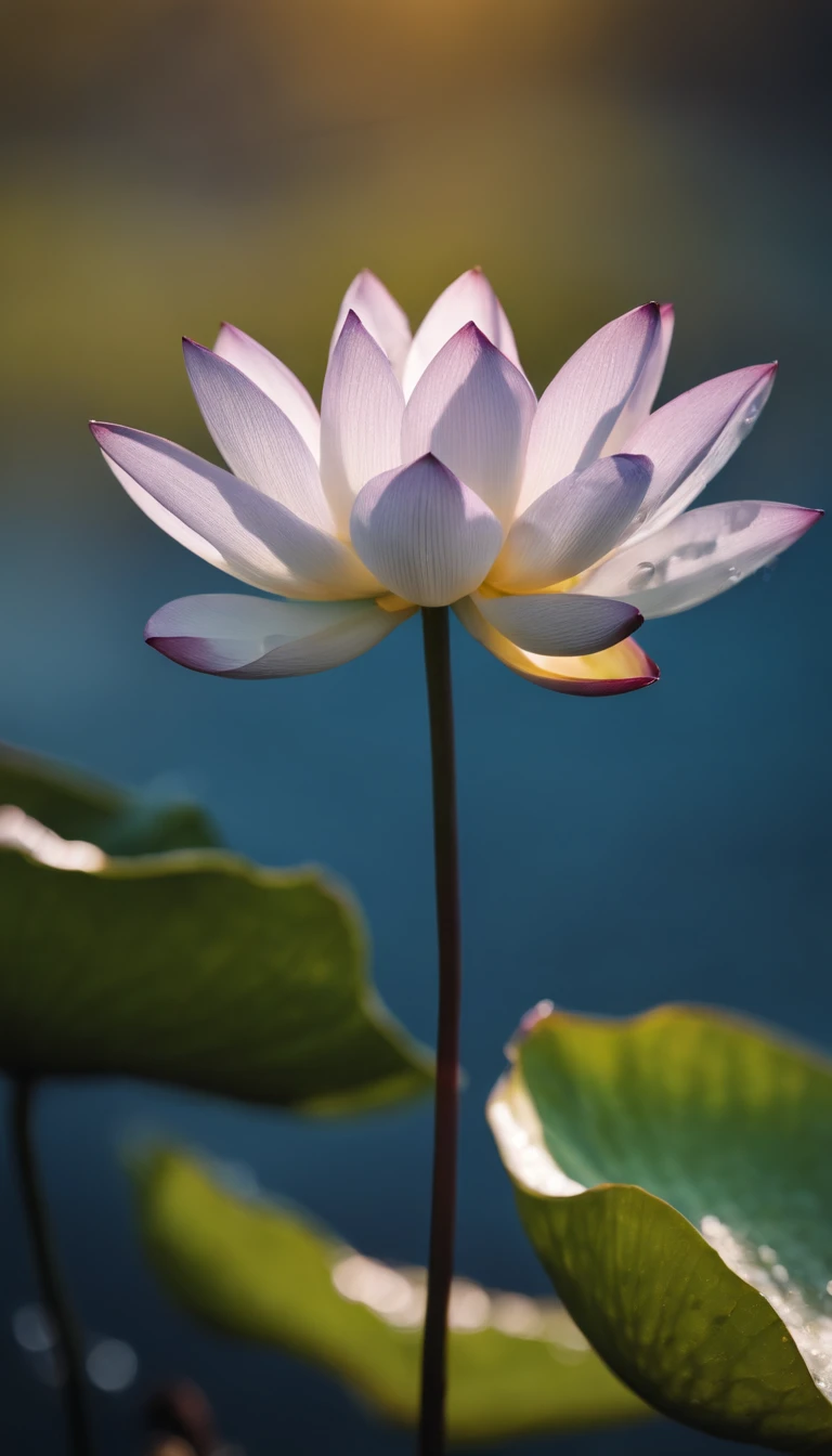 Water liliy.,microcosm , Masterpiece , macro photography , cobweb, filmgrain, Bokeh , Smoke , Highly detailed, Sunny Sunny weather, Microflower, The drops, bblurry, 1 realistic close-up of the lotus room:1.5, Azure background, subdued contrasts, rendering by octane , illusory engine