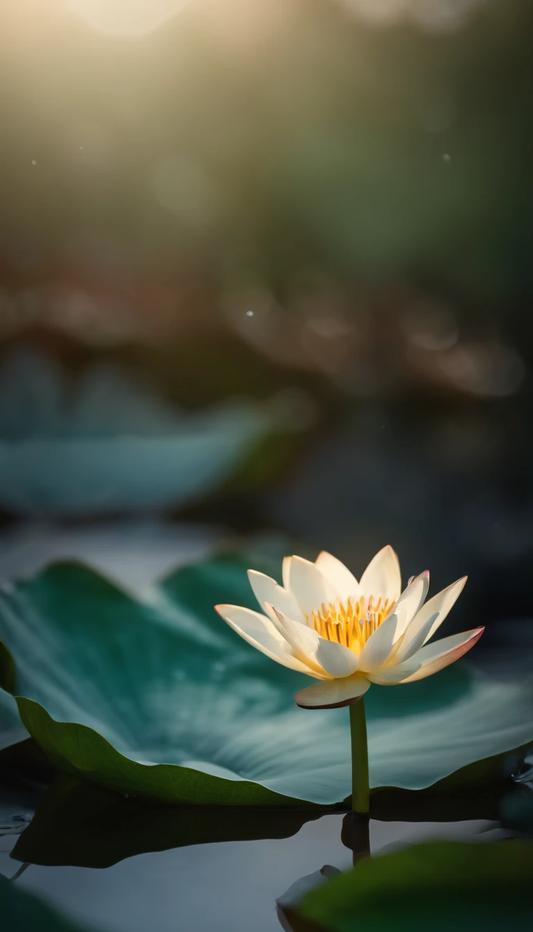Water liliy.,microcosm , Masterpiece , macro photography , cobweb, filmgrain, Bokeh , Smoke , Highly detailed, Sunny Sunny weather, Microflower, The drops, bblurry, 1 realistic close-up of the lotus room：1.5, Azure background, subdued contrasts, rendering by octane , illusory engine