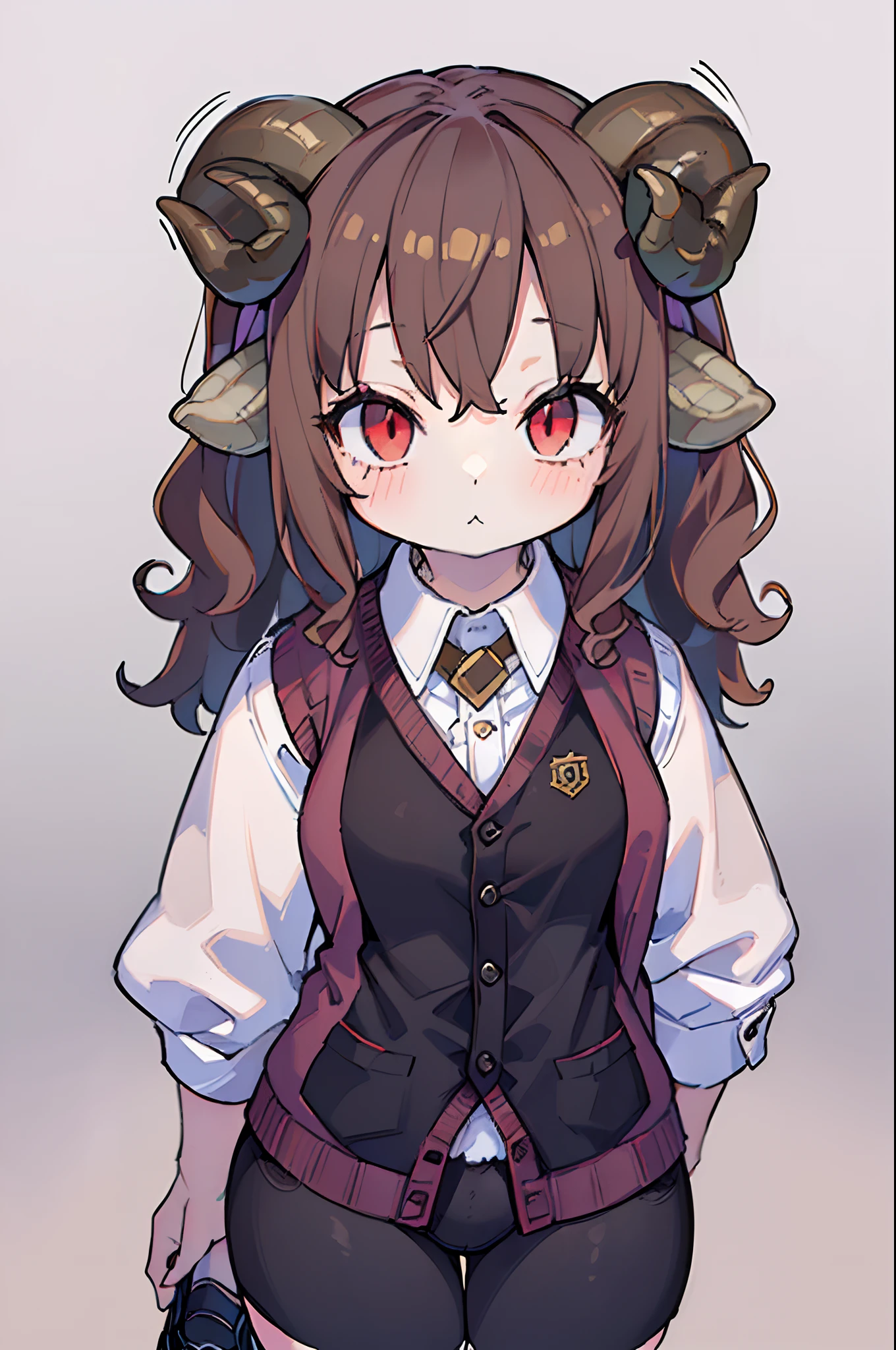 ((portrait):1.5),((9-year-old girl /with sheep's horns):1.5), bulging hips,((brown curly hair):1.2),(wearing a vest:1.4),(black shoes:1.5) ((red eyes):1.3), smoking a cigarette,((single background):1.5),4k,