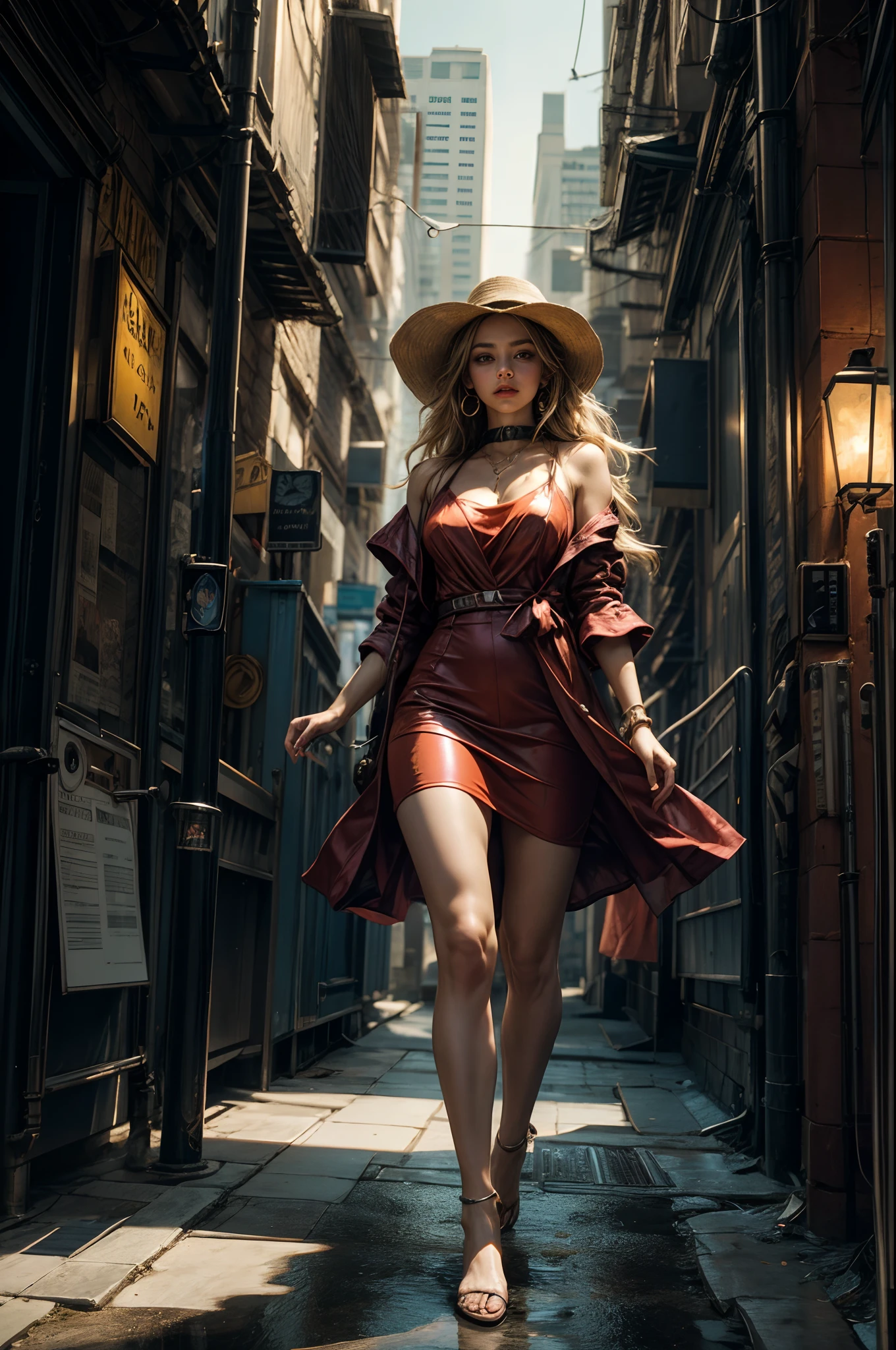 long flowing hair, wearing a vibrant red dress, surrounded by futuristic technology, in a cityscape filled with towering skyscrapers and neon lights, with a sense of wonder and exploration in her eyes, capturing the essence of a modern and technologically advanced world, with a touch of fantasy and magic, bathed in warm golden tones, highlighting the beauty of the scene, brought to life with dynamic lighting, and bringing out the intricate details and textures of the artwork, evoking a sense of awe and admiration.