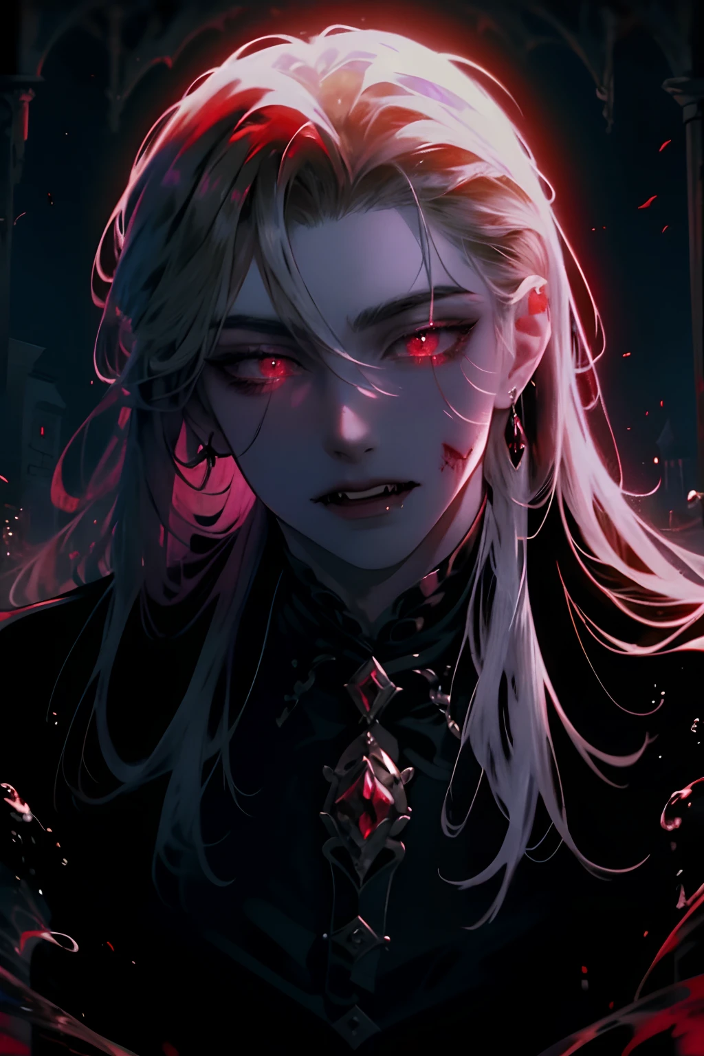 handsome, male, man, long hair, pale, strikingly handsome vampire immersed in a Halloween-inspired aesthetic, deep red moonlit night scenery, vampire, (vampire fangs:1.2), red eyes, bloody mouth