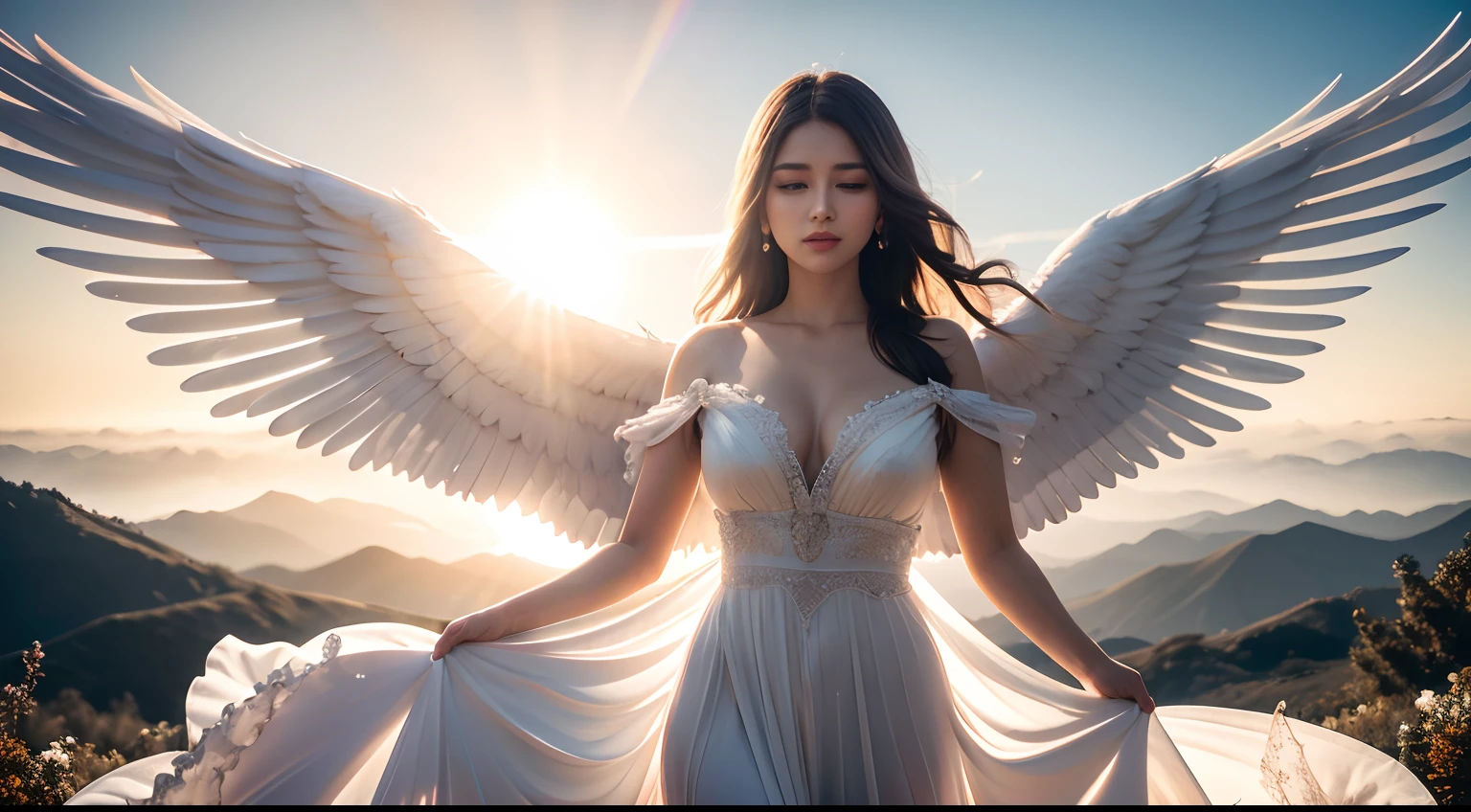 Woman with white wings, ((wings)), long dress detailed, ((bloom)), (masterpiece), (mindfully colorful), divine rays, (ultra high quality), (8K quality ), depth of field, bursts of wind, ((soft detail)), dark style, ((ray tracing effect)), (realistic: 1.3), (sharpened), mountain, multi layers, high gloss, detailed flare, (body curved), DLSR, 8K UHD, (sun glare), detailed ambient lighting, glitters, intense sun, sunny day, clouds