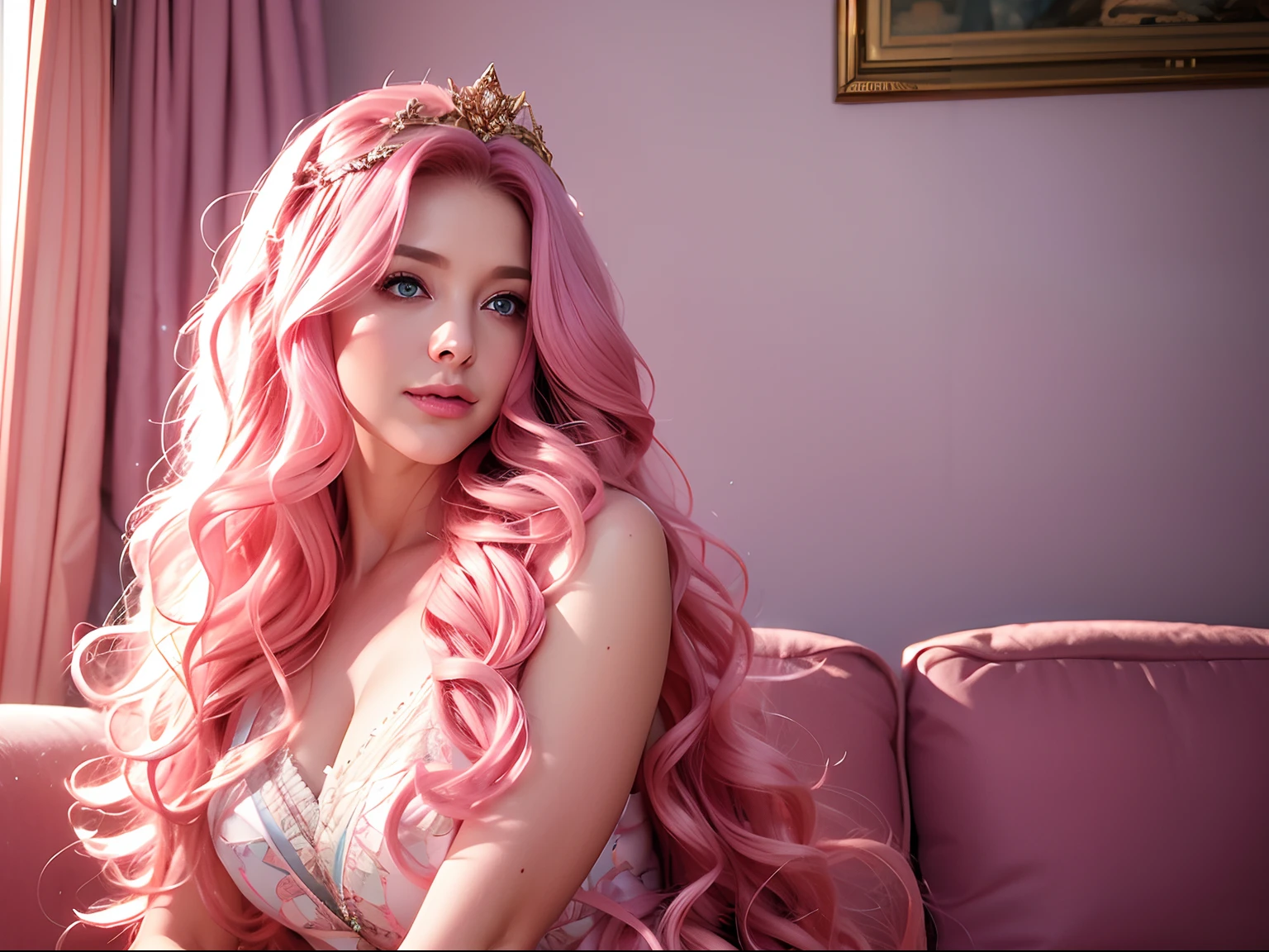 a woman, long curly hair, pink hair, blue eyes, elf, voluminous hair, crown, sitting, golden, sexy, 45 years old, cute