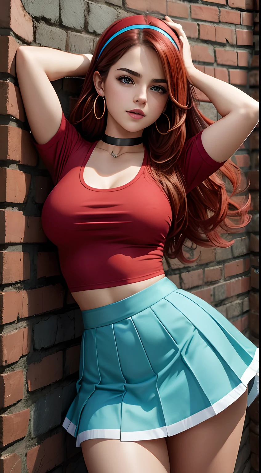 (huge Laughing:0.5), (open mouth:0.4), (wide open eyes:1.2) masterpiece,high quality,4k , ((Selena Gomez:Emma Watson:0.8)),best quality, highest quality, photorealistic, perfect anatomy, perfect face, perfect eyes, aqua hair, brabulladbgt, red hairband, red gloves, red crop top, blue eyes, skirt, hoop earrings, choker, 1girl, standing against the wall of a street house, sexy pose