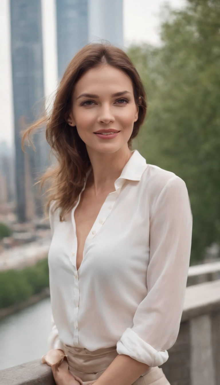 40 years old woman, perfect body, medium breast, cleveage, white unbuttoned blouse, relaxing on a bridge as she walks past the skyscrapers while having fun in the city, in the style of light white and light brown, julia pishtar, distinct facial features, lighthearted, hasselblad h6d-400c, close up, joyful and optimistic