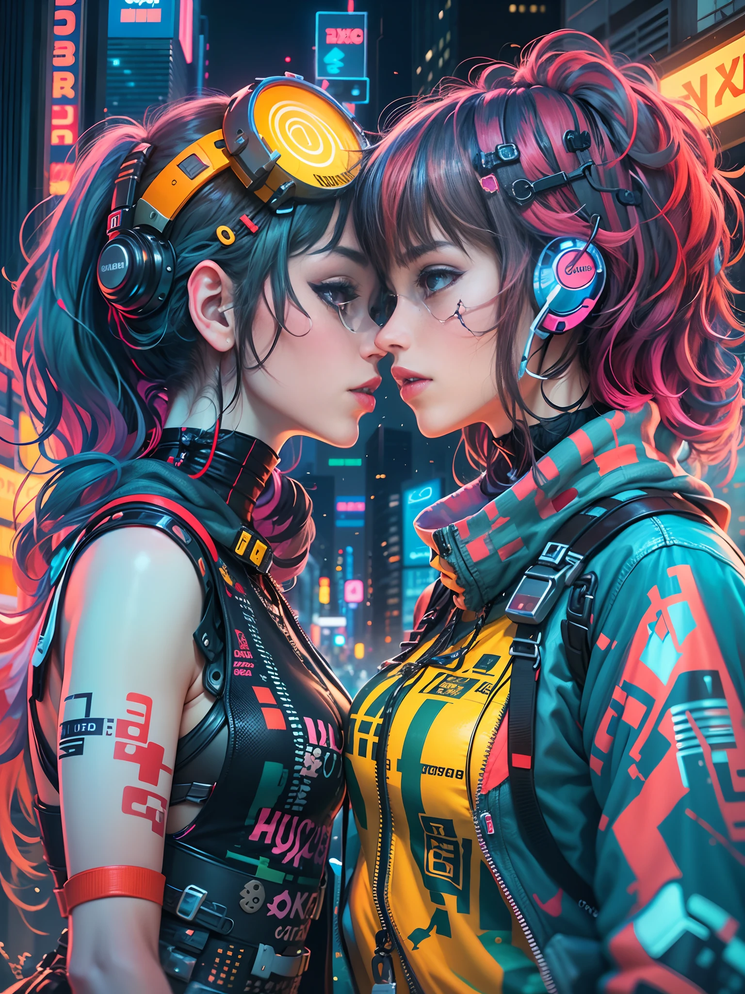 masterpiece, best quality, 2 ((kissing)) cyberpunk girls, Harajuku-inspired cyberpunk clothing, bold colors and patterns, eye-catching accessories, trendy and innovative hairstyle, dazzling Cyberpunk cityscape, skyscrapers, glowing neon signs, LED lights, anime illustration, detailed skin texture, detailed cloth texture, beautiful detailed face, intricate details, ultra detailed, cinematic lighting, strong contrast.