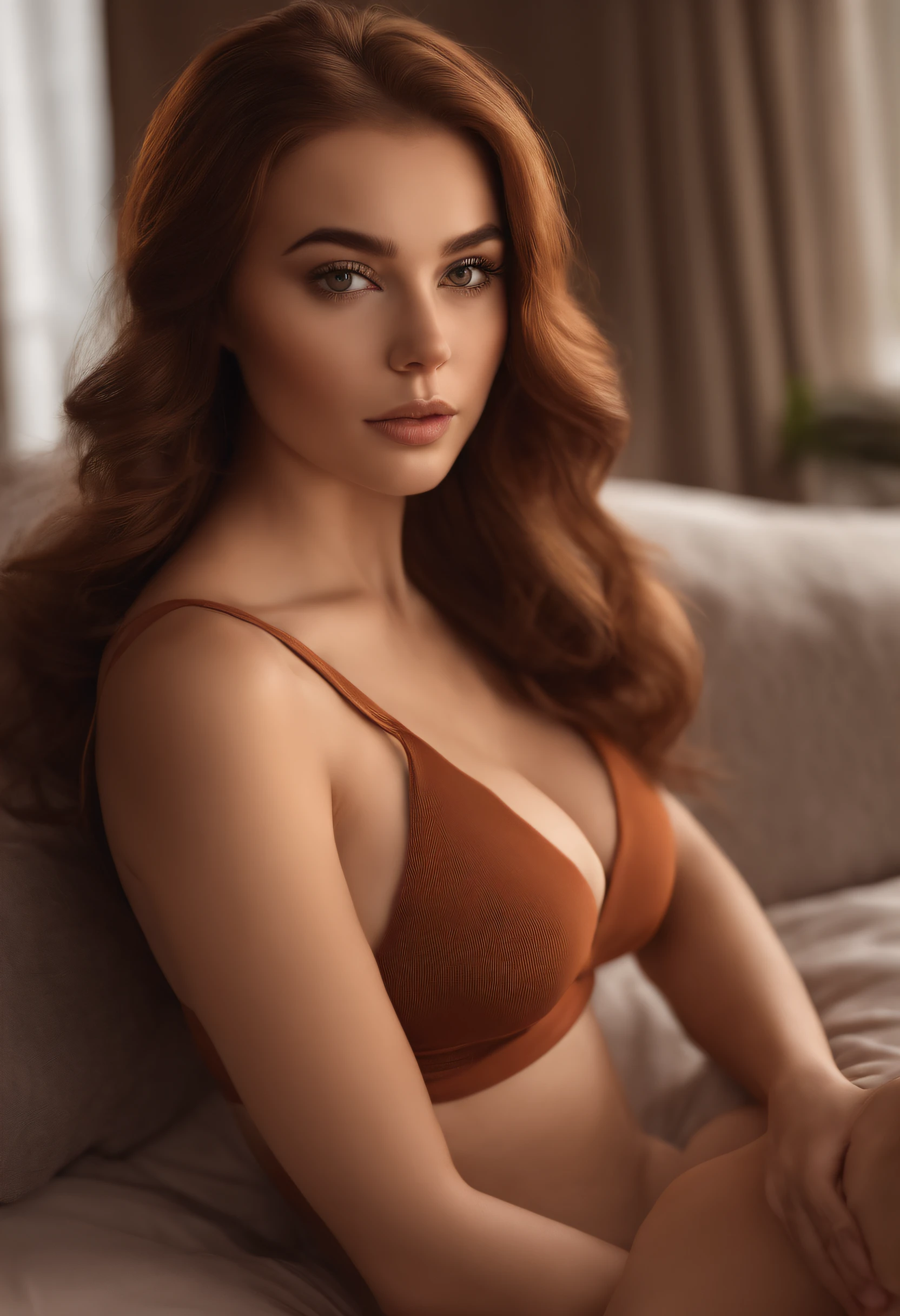 arafed woman fully , sexy girl with brown eyes, ultra realistic, meticulously detailed, portrait sophie mudd, red hair and large eyes, selfie of a young woman, in sofa, violet myers, without makeup, natural makeup, looking directly at the camera, face with artgram, subtle makeup, stunning full body shot kneeling on bed, in bedroom, medium to large size bust breasts out