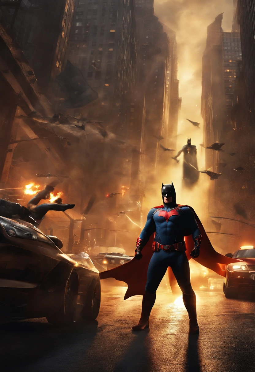 Epic superhero showdown, cityscape backdrop, dynamic poses, intense action, iconic characters:1.1, capturing the clash between two legendary heroes, (nighttime)1.2 setting with (dramatic city lights)1.3, Batman and Spider-Man engaging in a high-octane battle on a towering (suspension bridge)1.4.
Powerful stances, grappling hooks, web-swinging, acrobatic maneuvers, bat gadgets, fists clenched in determination:1.1, showcasing the prowess and agility of the superheroes, (dark, contrasting colors)1.2 to emphasize their silhouettes, each displaying their unique fighting style and iconic moves.
Explosive effects, debris flying, crackling energy, dynamic lines, intense facial expressions:1.1, highlighting the ferocity and power of their clash, (high contrast)1.2 for added drama, emanating energy and impact from their blows, conveying the intensity of the battle.
Iconic emblems, capes billowing, silhouetted against the city lights, brooding atmosphere, comic book-inspired art:1.1, paying homage to the classic comic book style, (bold, vibrant colors)1.2 for a striking visual, emphasizing the silhouettes of Batman and Spider-Man against the cityscape, capturing the essence of their eternal struggle.
Crowded bridge, bystanders watching in awe, police lights in the distance, capturing the attention of the city:1.1, adding depth to the scene, (realistic city details)1.2, bystanders and law enforcement observing the epic battle, further immersing the viewer in the grandeur of the superhero clash.